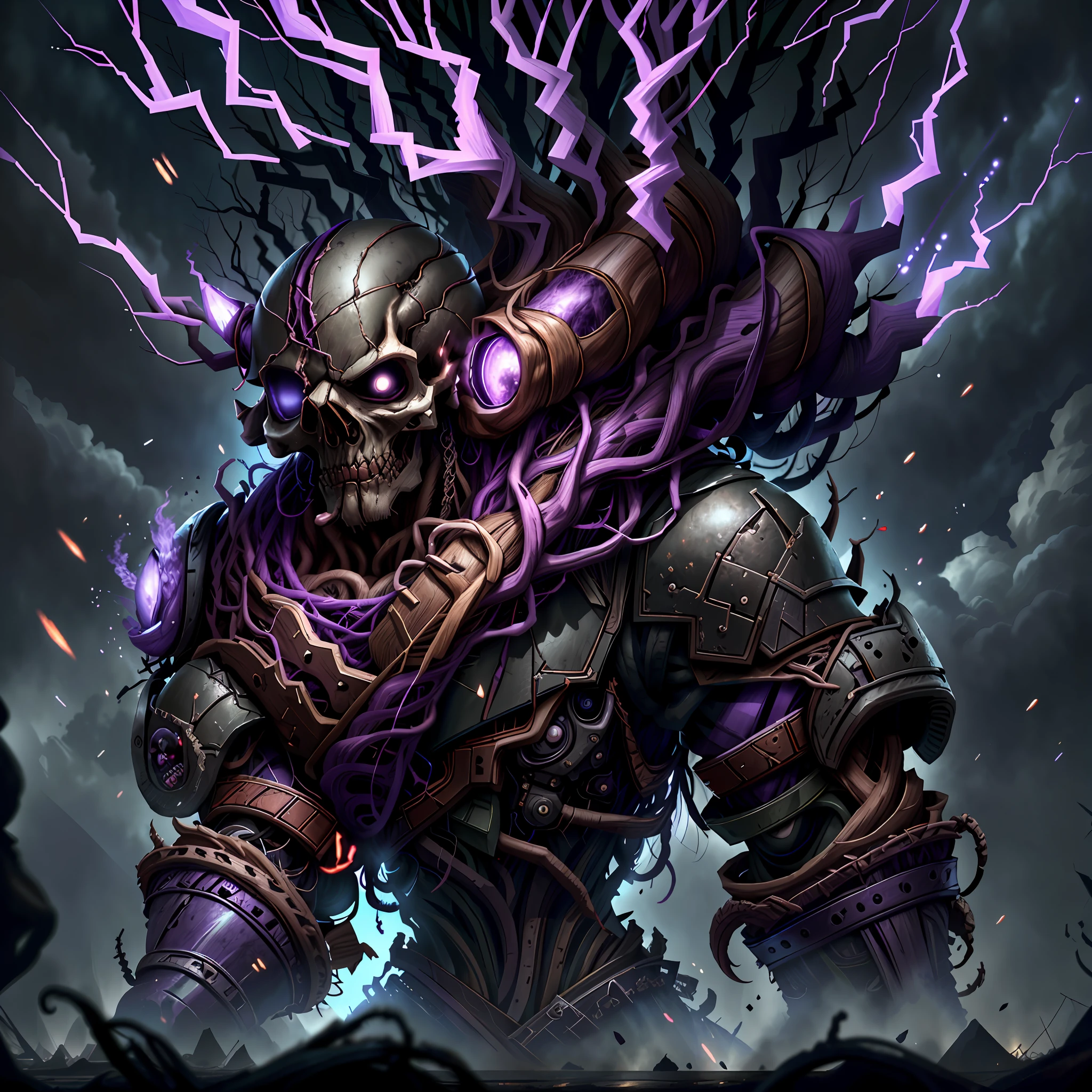 RootsBranchesAI fighter, guerrilla (muscular) skull with black and purple uniform, purple and black berets, ruined background, realistic, stylish, Rutkowski, HDR, intricate detail, hyper detail, movie, edge light, dangerous atmosphere, black, night, red light, dark street, rain, 4k