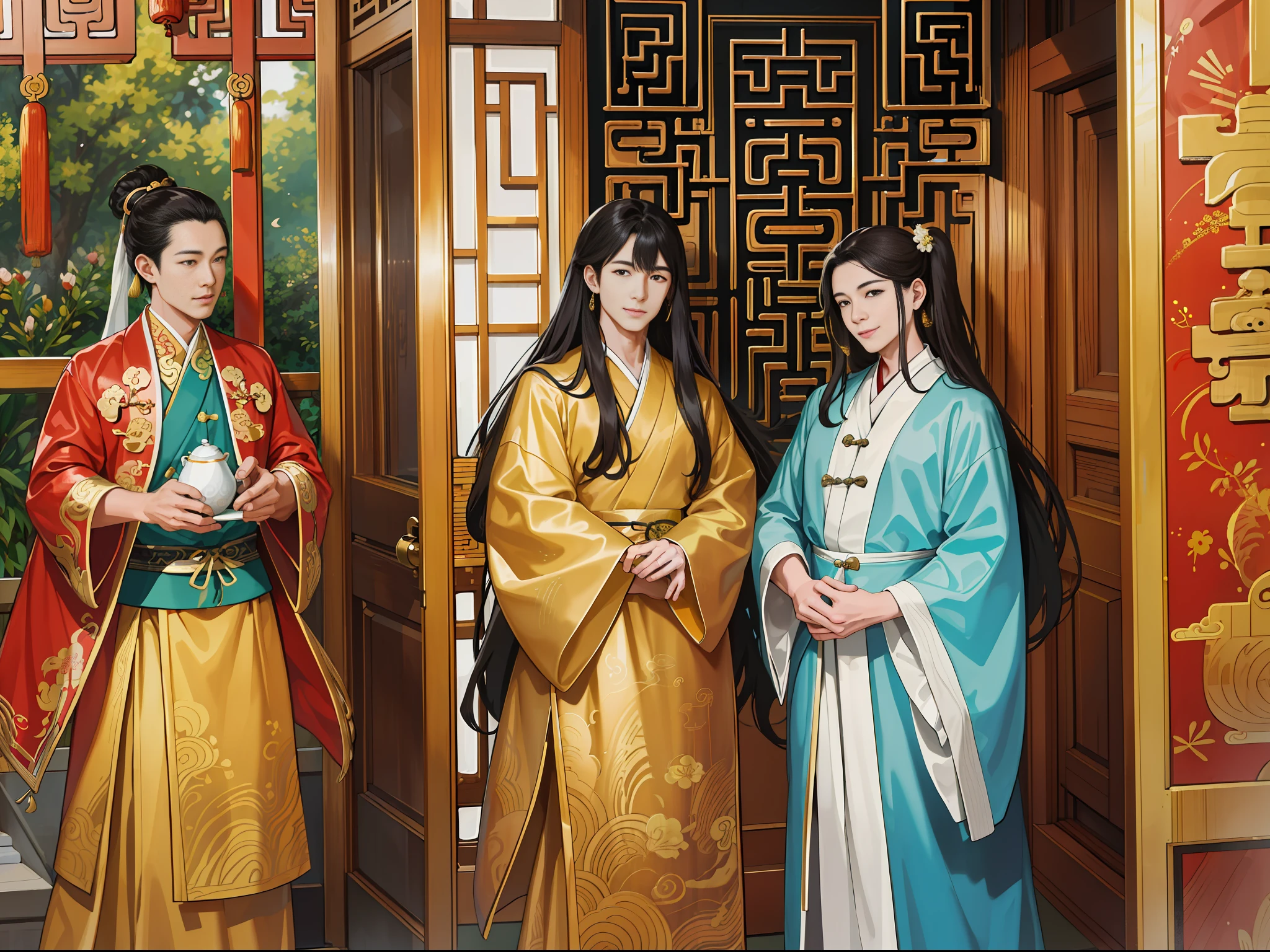 (ridiculous, high resolution, super detailed, realistic,), 2 men, 3 women, standing outside the door, 30 years old, happy, happy, happy, Qing dynasty style, gold theme robe, greasy, rich, rich, room, ancient Chinese style, hd photo.