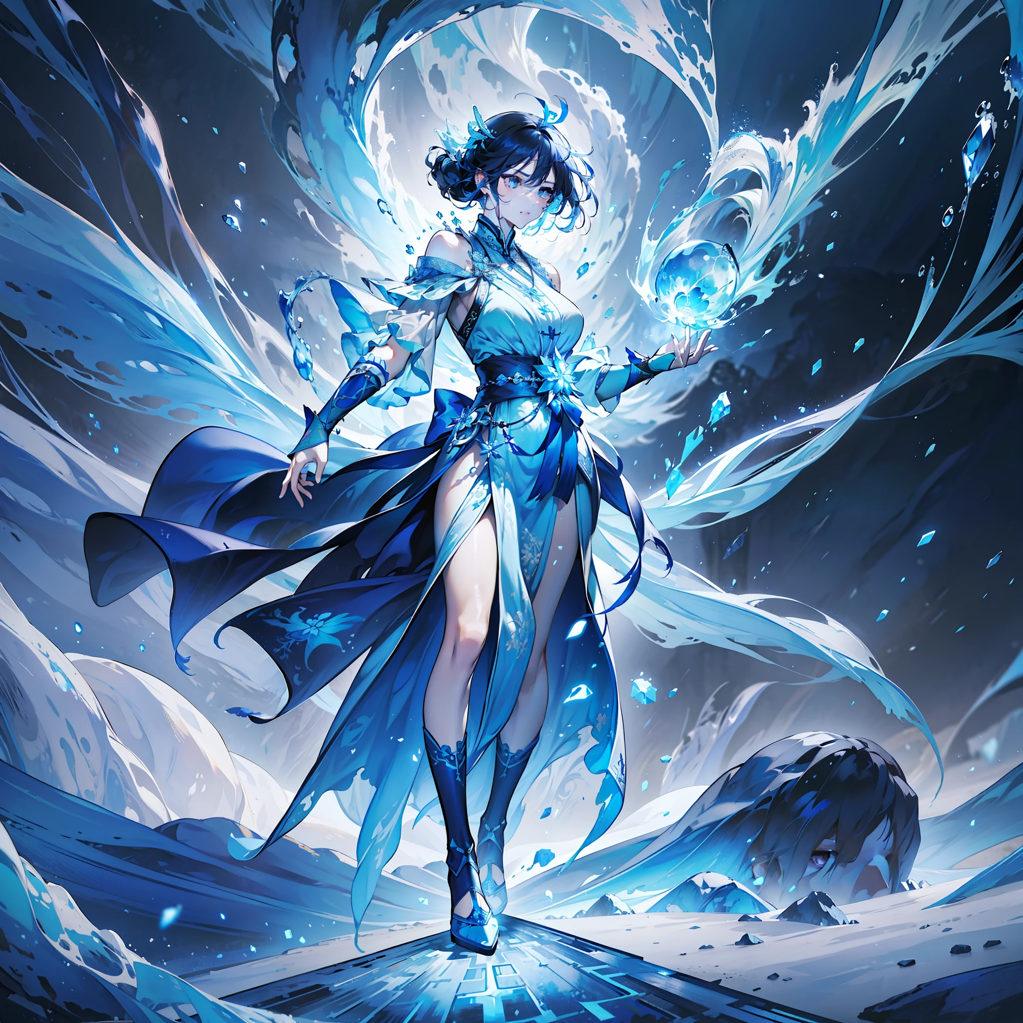 A magician, (loose dress: 1.5), (perfect facial features: 1.4), (blue silk robe), (mysterious magic formation: 1.2), ((ice dragon)), (ice crystal scales), blue light, (frost wings), powerful ice magic, icicles, towering into the clouds, blue cold light, ice storm, cold wind, flying ice and snow, spectacular effects, best quality, masterpiece, super high resolution, fine details, complex details, 8K resolution, 8KUCG wallpaper, HDR, aqua blue, magic array, cinematic lighting, chiaroscuro, ray tracing, NVIDIA RTX