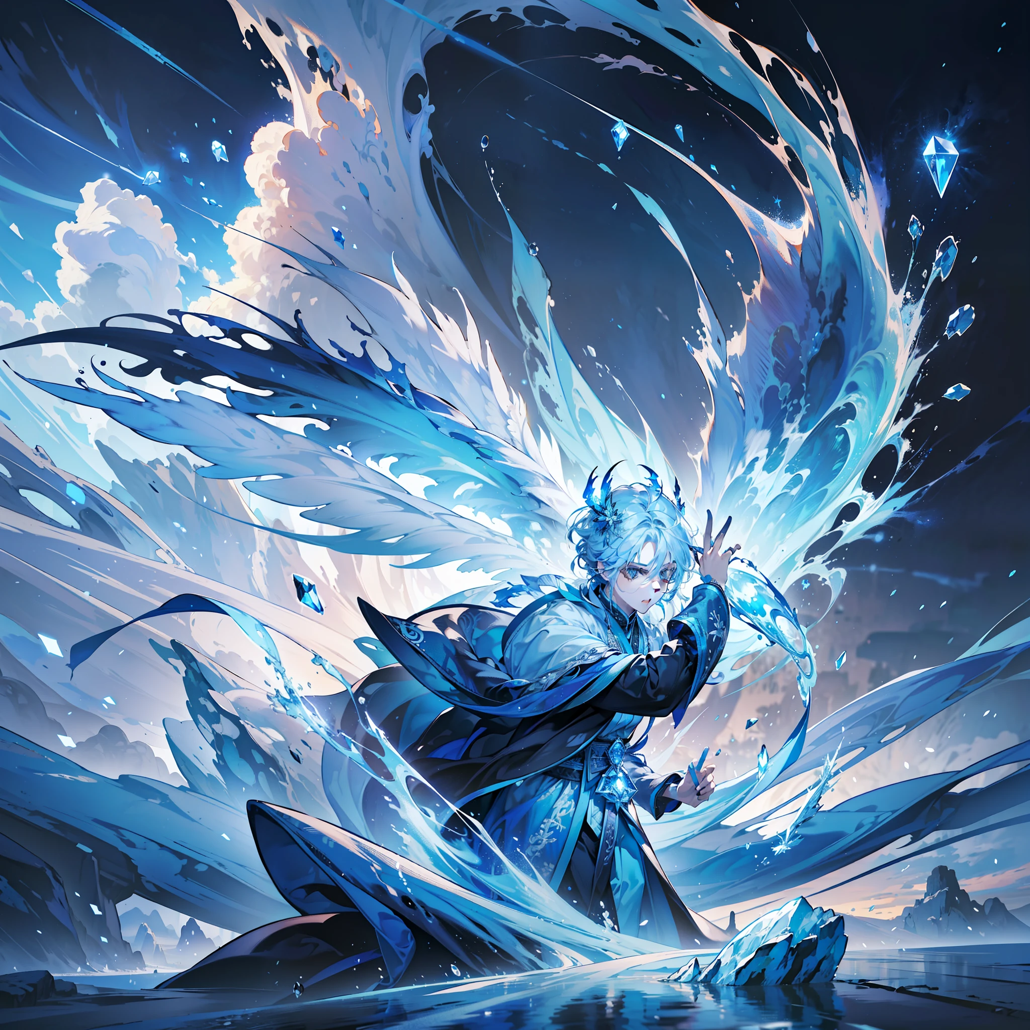 A magician, (loose dress: 1.5), (perfect facial features: 1.4), (blue silk robe), (mysterious magic formation: 1.2), ((ice dragon)), (ice crystal scales), blue light, (frost wings), powerful ice magic, icicles, towering into the clouds, blue cold light, ice storm, cold wind, flying ice and snow, spectacular effects, best quality, masterpiece, super high resolution, fine details, complex details, 8K resolution, 8KUCG wallpaper, HDR, aqua blue, magic array, cinematic lighting, chiaroscuro, ray tracing, NVIDIA RTX