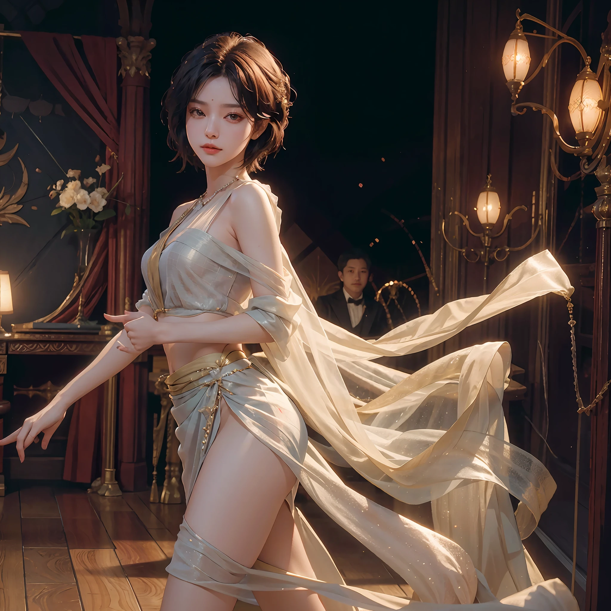 CG Unity 8K wallpapers with the highest quality details, RAW photos of national treasures, realism: 1.3, dynamic angles, short hair, under thin fabric miniskirts: 1.2, movie lighting, lens flares, luxurious rooms, meticulous details