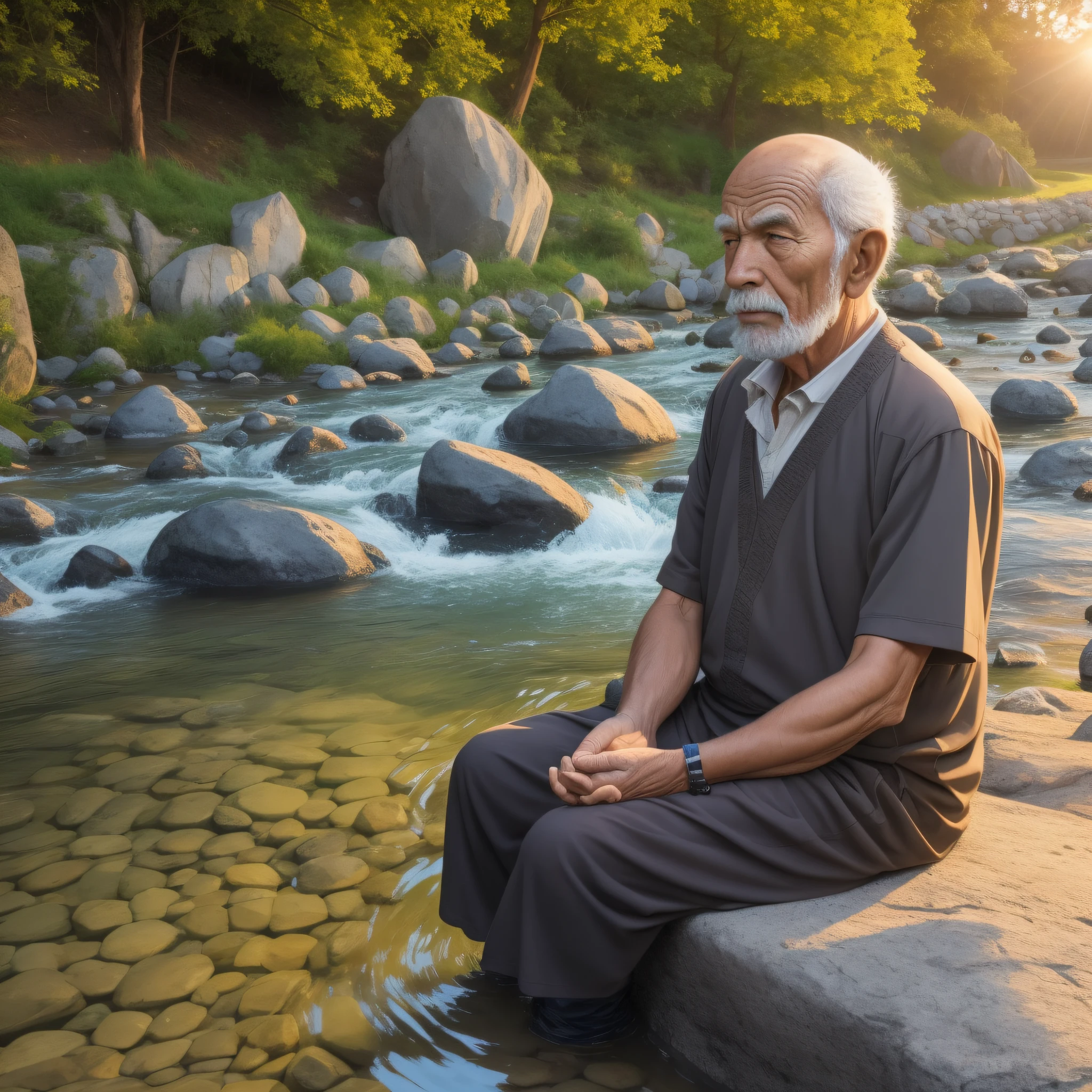 a wise old man, Meditating sitting, on the edge of a river full of stones, at sunset, ultra realistic photo, perfect face details, good skin texture, perfect shadows and light, award winning photo