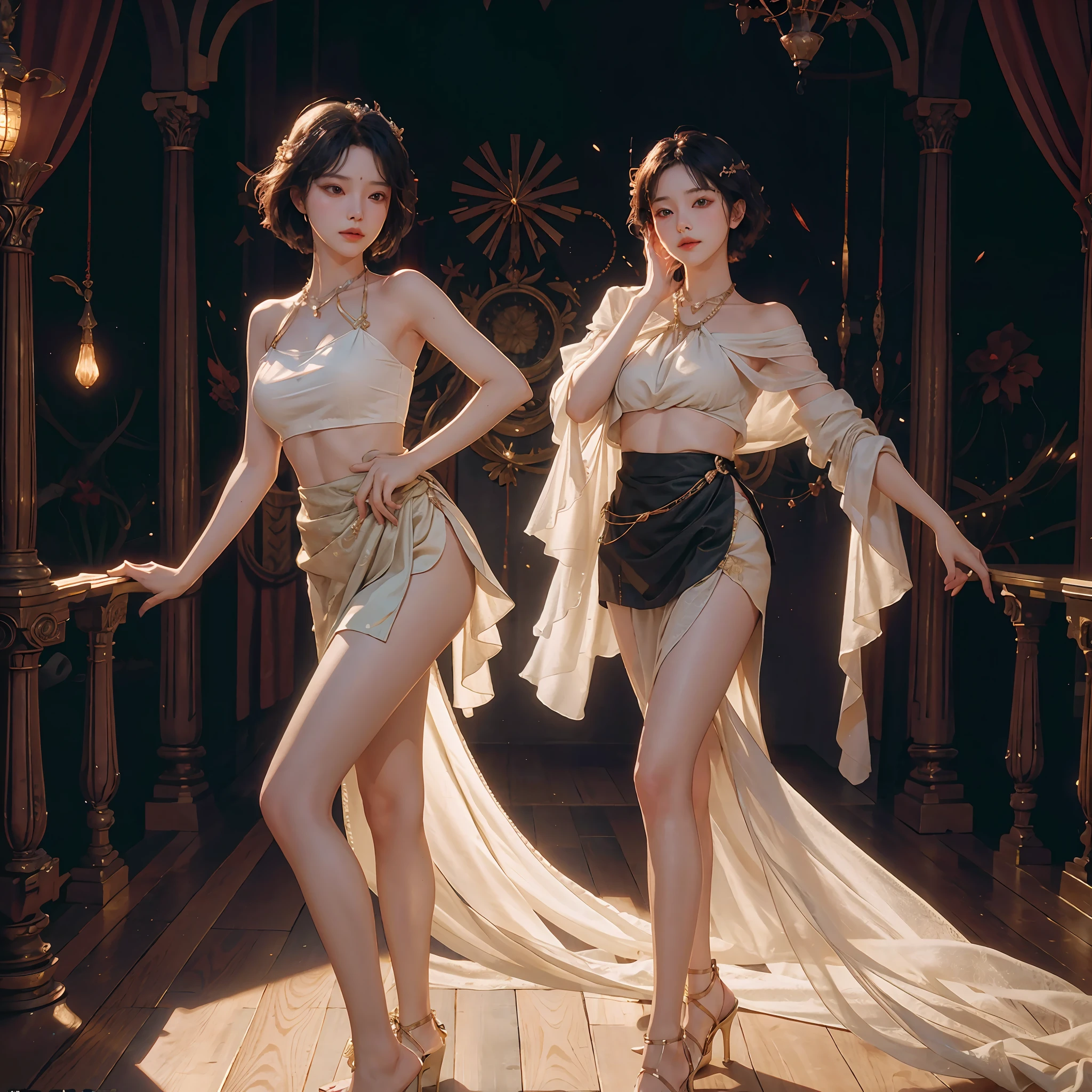 CG Unity 8K wallpapers with the highest quality details, RAW photos of national treasures, realism: 1.3, dynamic angles, short hair, under thin fabric miniskirts: 1.2, movie lighting, lens flares, luxurious rooms, meticulous details