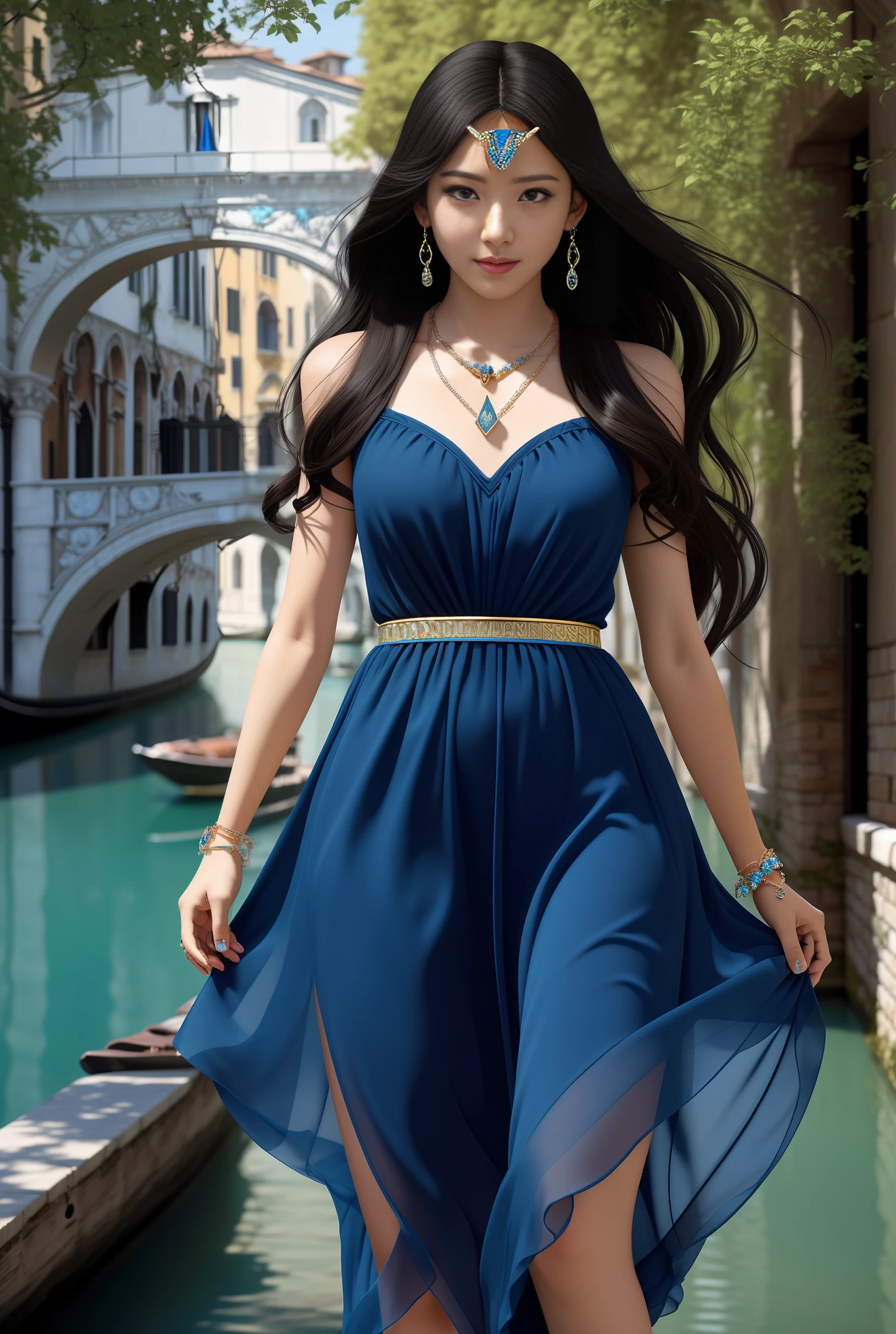 Araffe woman in a blue dress walking along a canal - SeaArt AI