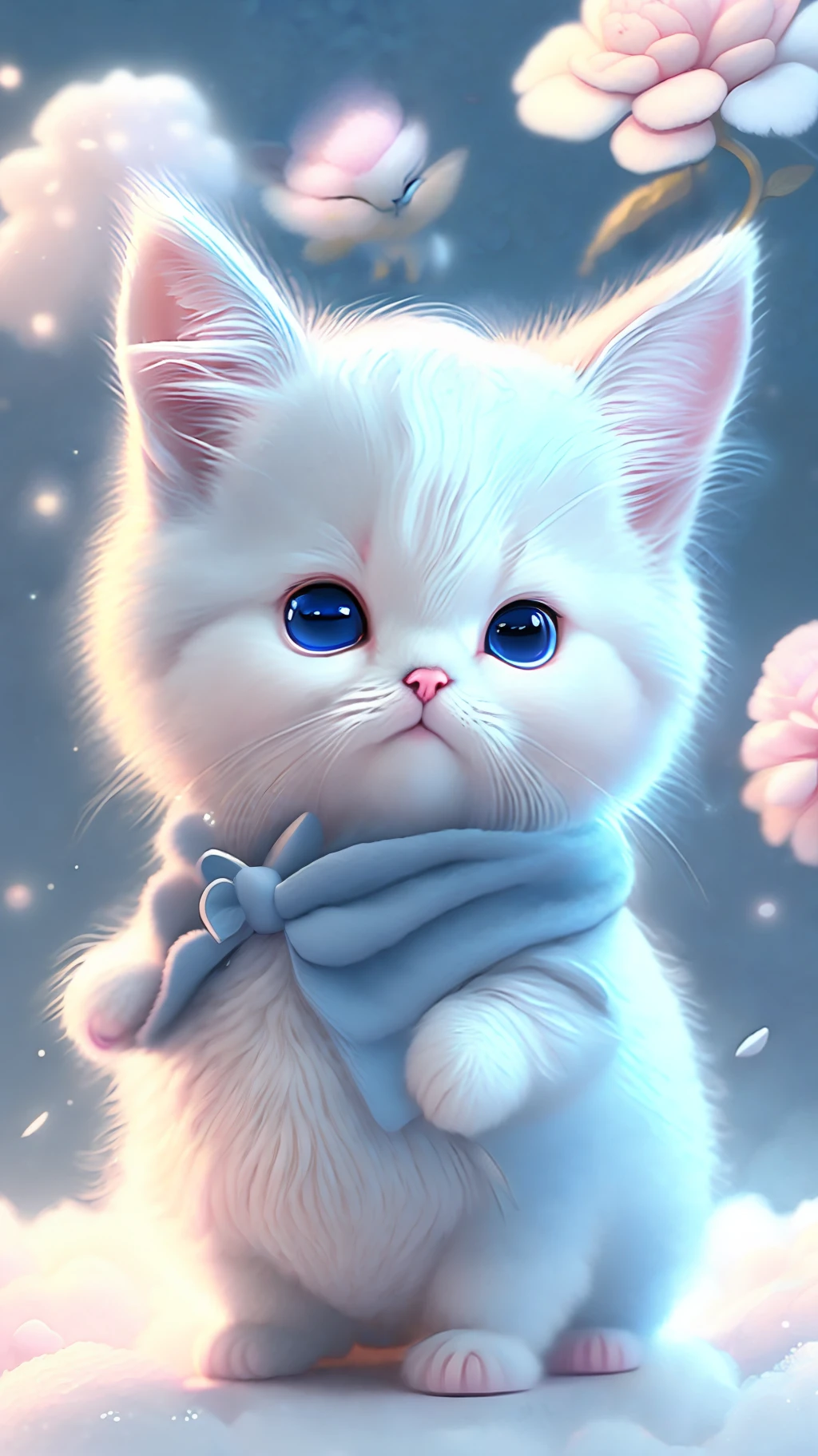 In this ultra-detailed CG art, cute kittens surrounded by ethereal roses, laughter, best quality, high resolution, intricate details, fantasy, cute animals, purple, funny, left, open mouth!! Laugh!!!
