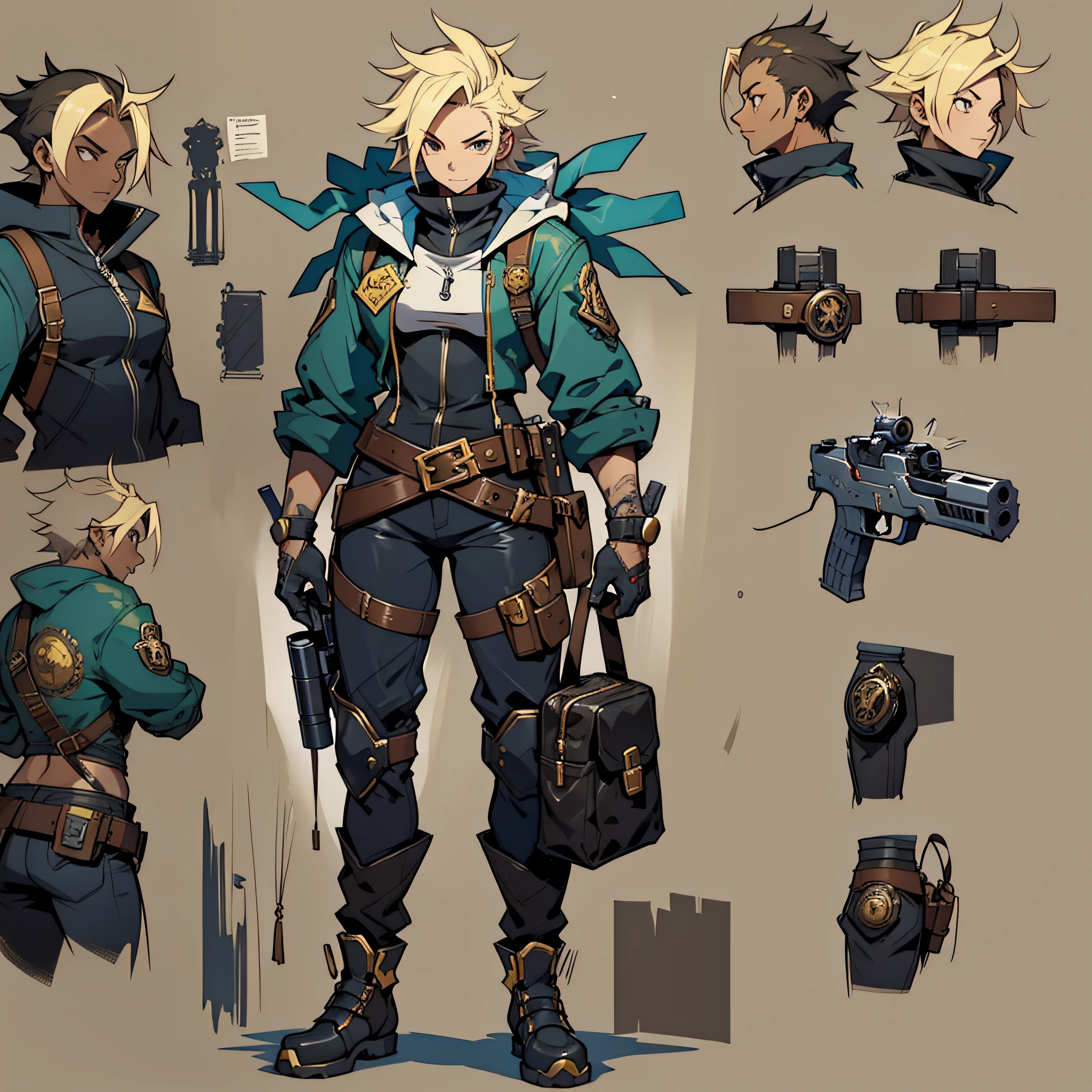 Close-up of a man in a gun costume, ((character concept art)), ((character design sheet, same character, front, side, back)) maple story character art, video game character design, video game character design, maple story gun girl, expert high detail concept art, metal bullet concept art, funny character design, Lucio as a woman, gravity rush inspiration, sticky tar. Concept art, belt buckle at waist, steampunk weapon,