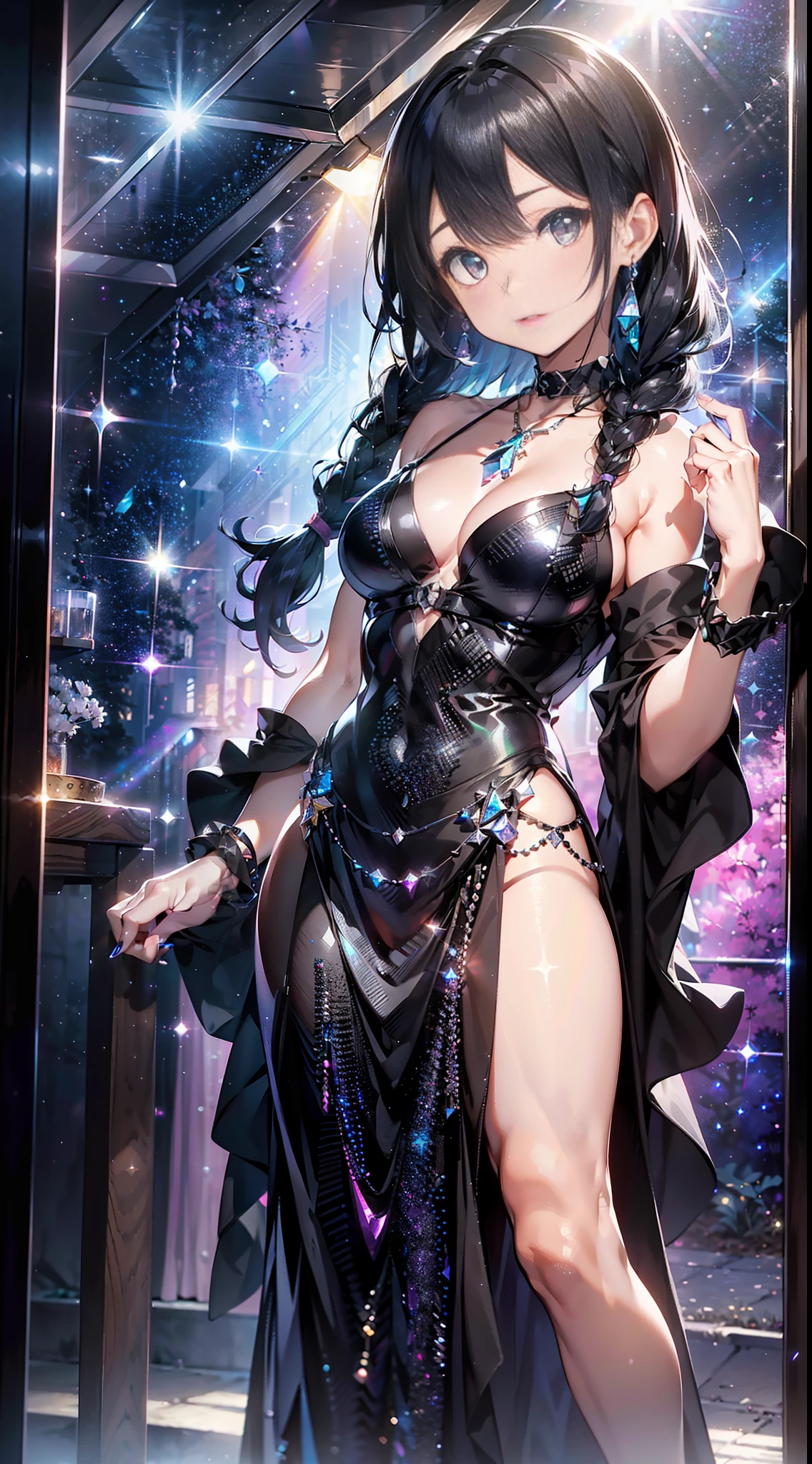 Obsidian Gems, Black Gemstone Necklace, Black Gemstone Earrings
(((Masterpiece))). ((Super detail, top quality, high resolution, movie lighting, glitter, lens flare, light particles, glowing tones,))
Full body (one shoujo ) trouble, blackEYE
(medium hair, single braid,, black hair,), wearing a party dress,
Eyeshadow, eyeliner, beautiful eyes
24-year-old girl. Light, brilliance, glare, glare, glitter, reflection, prism, transparency. Thin material. (Obsidian background)
