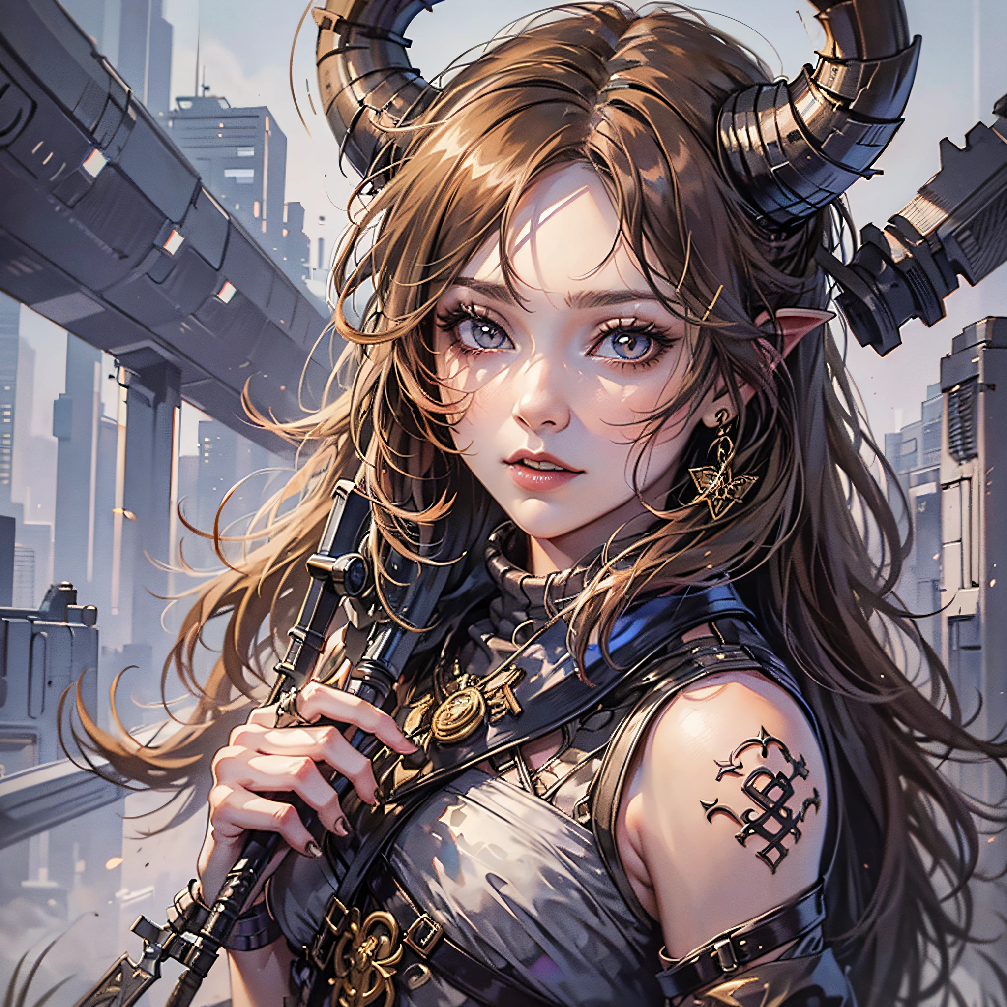 (best quality, masterpiece), 1girl, pose, upper body, simple background, looking at the viewer, perfect eyes, boldness, potato alloys, hand-drawn sketch illustration of a beautiful girl d&d tiefling with brown hair, waist-length hair, pupilless eyes, yellow sclera, rosy cheeks, lips with wine-colored lipstick, long eyelashes,  Long horns, rogue clothes, purplish skin, seductive expression, illustration, sketch of watercolor paint, whole body, in a village, dagger in hand. --auto --s2