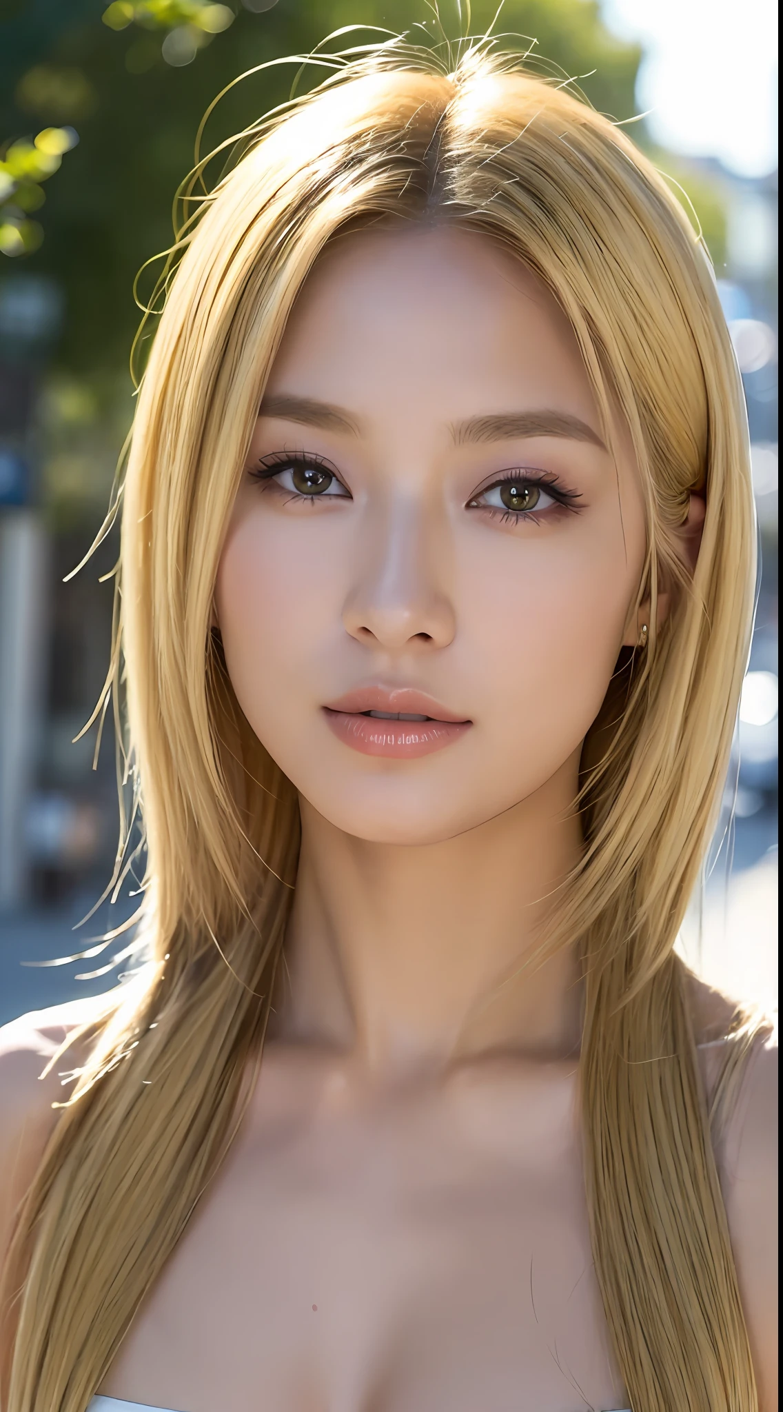 ((top quality, 8k, masterpiece: 1.3)), Sharp Focus: 1.2, Beautiful woman in perfect style: 1.4, Slender Abs: 1.2, ((Blonde, Big: 1.2)), (Natural Light, City Street: 1.1), Highly detailed face and skin texture, detailed eyes, double eyelids, sun on a person's face,