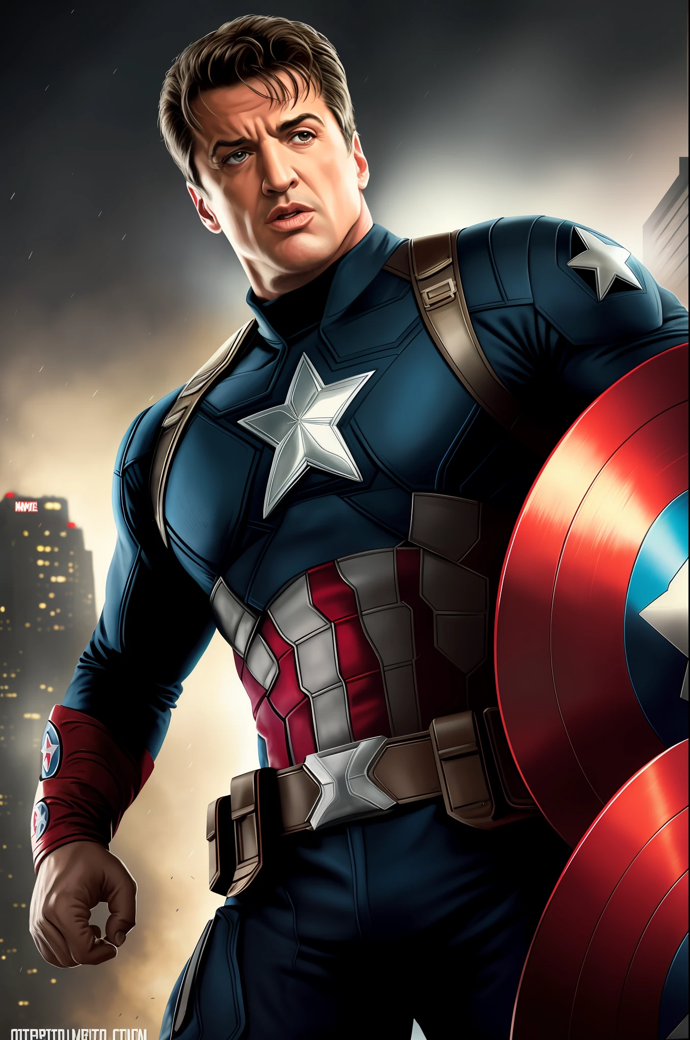 Tarantino style,Silvester stallone as Captain America 8k, high definition, detailed face, detailed face, detailed eyes, detailed suit, Marvel and DC style, hyper-realistic, + cinematic shooting + dynamic composition, incredibly detailed, sharp, details + superb details + night with light + perfectionism + award-winning realism ((grumpy lighting)),(upper body)