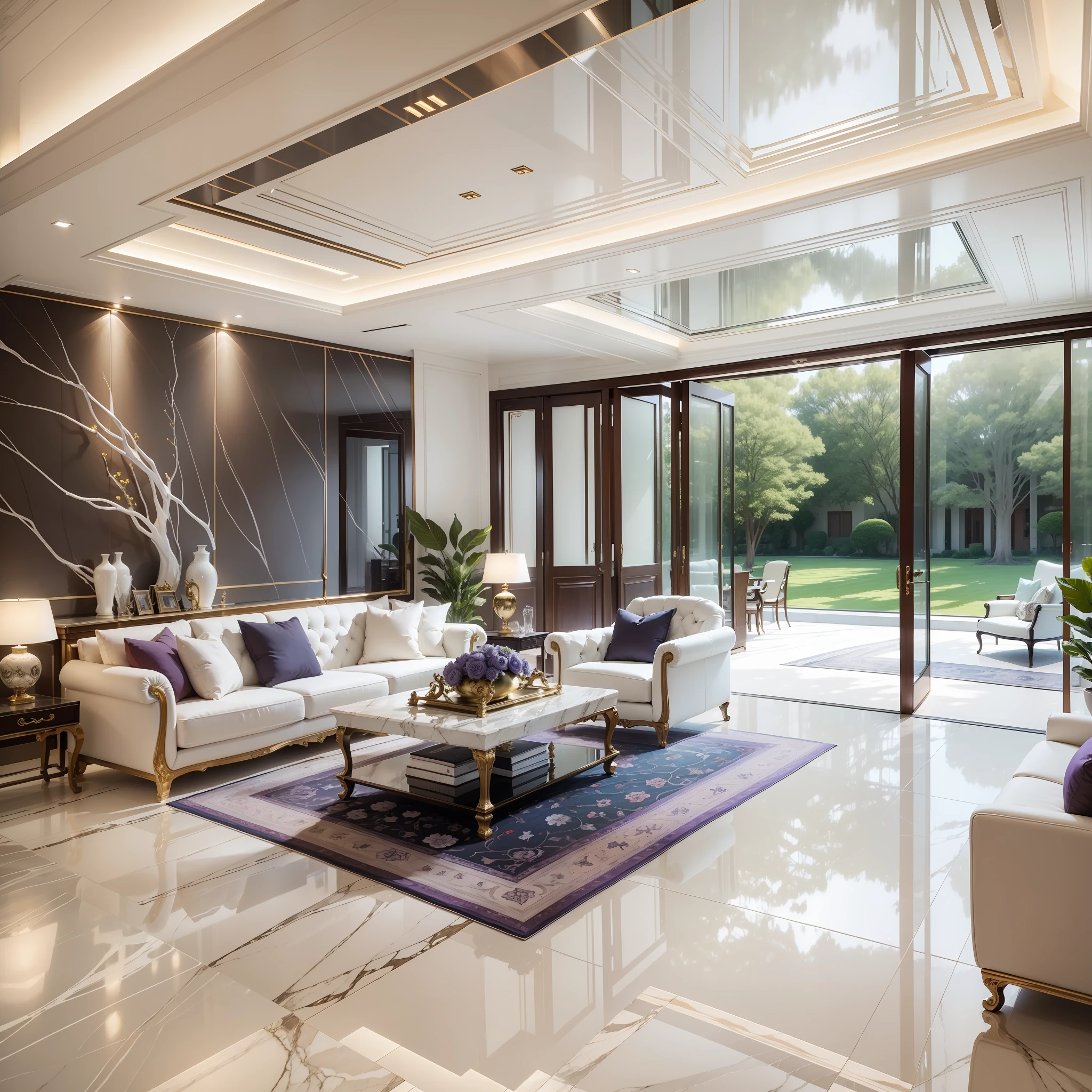 (masterpiece), best picture quality, creativity, superb interior design, luxury, rich design elements, pure white/lavender/metallic/wood/greenery, sliding doors and marble floor, artwork, wide angle, panoramic view.