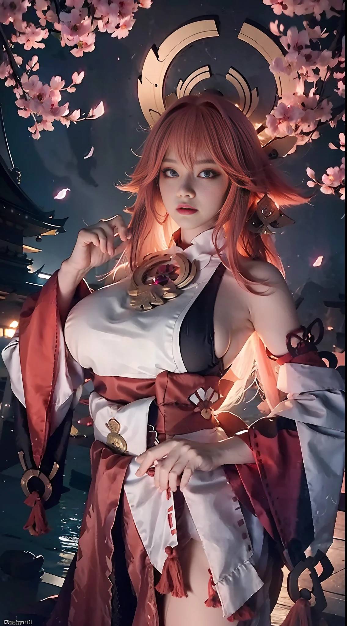 highres, wearing cosplay yae miko from genshin impact, Genshin Impact, game character, cosplayer, Standing on kyoto castle, beautiful face, top body is hyper realistic thicc muscle and hyper largest_breasts!! with the type of boobs_melons, lower is huge buttocks,