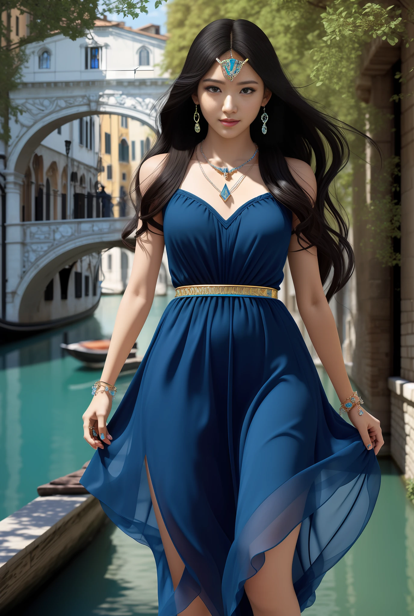 ,(blue theme,),in summer,(nature:1.9),1girl,full body,black hair,very long hair,grin,(Bridge of Sighs background),dynamic angle,dynamic pose,outdoors,Italian Venice style architecture,High color saturation,Color saturation,(jewelry:1.9),putting on jewelry, Warm light,Warm light,
ray tracing,cinematic lighting,(raw photo:1.2), (photorealistic:1.4), absurdres, incredibly absurdres, huge filesize , ultra-detailed, highres, extremely detailed,best quality ,masterpiece, illustration, an extremely delicate and beautiful, extremely detailed ,CG ,unity ,8k wallpaper, Amazing, finely detail, masterpiece,best quality, pureerosface_v1,ulzzang-6500-v1.1,