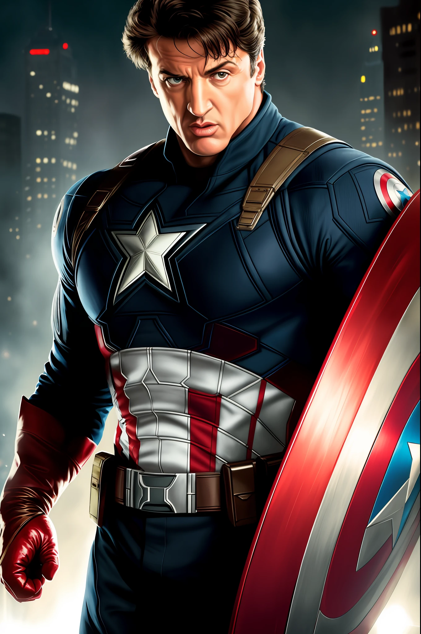 Tarantino style,Silvester stallone as Captain America 8k, high definition, detailed face, detailed face, detailed eyes, detailed suit, Marvel and DC style, hyper-realistic, + cinematic shooting + dynamic composition, incredibly detailed, sharp, details + superb details + night with light + perfectionism + award-winning realism ((grumpy lighting)),(upper body)
