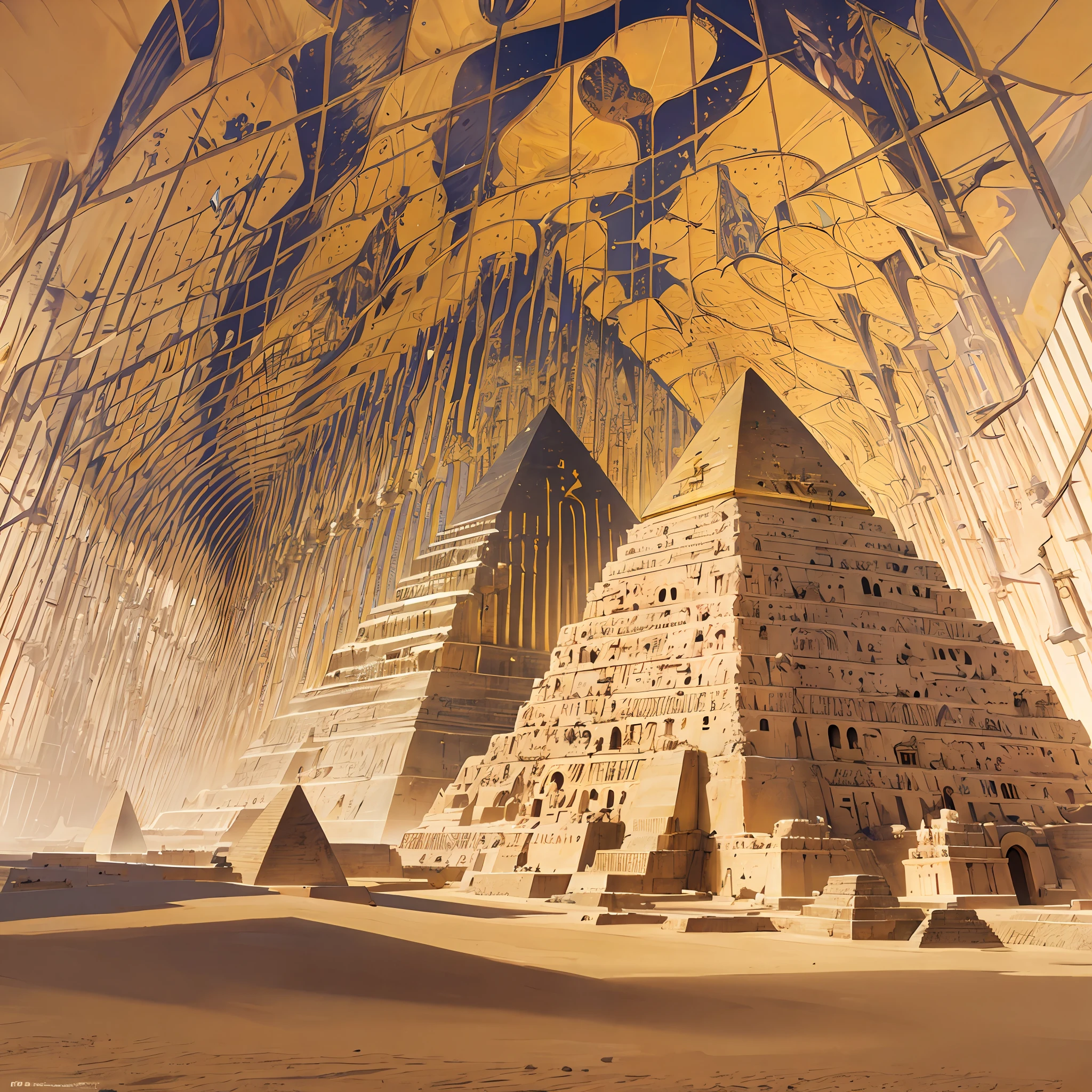 Historical monuments, magical ancient buildings, golden splendor, pyramid kingdom, pyramids reflected by the sunset, futuristic, symmetrical and mysterious, Egyptian pyramid ruins, legends in the desert, clear textured paintings, huge pyramid background, rich Egyptian elements, Anubis, 8k --auto --s2