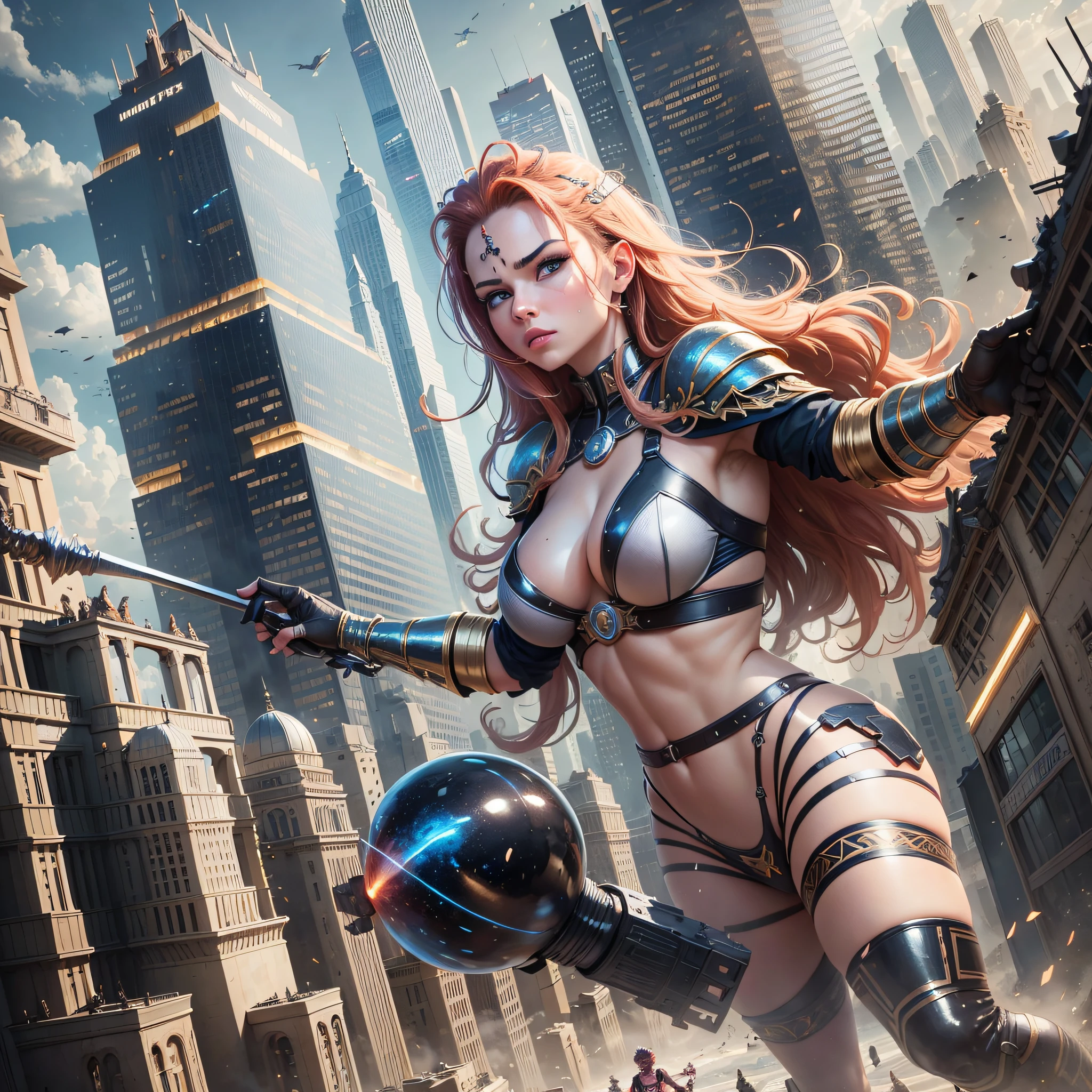 masterpiece, best quality, high quality,extremely detailed CG unity 8k wallpaper, two beautiful giantess female gladiators fighting, a skycraper city as scenario, they are destroying the city and doing damage and debris due the fight, giantess concept, giantess art, macrophilia, women bigger than skyscrapers, art by midjourney --auto --s2