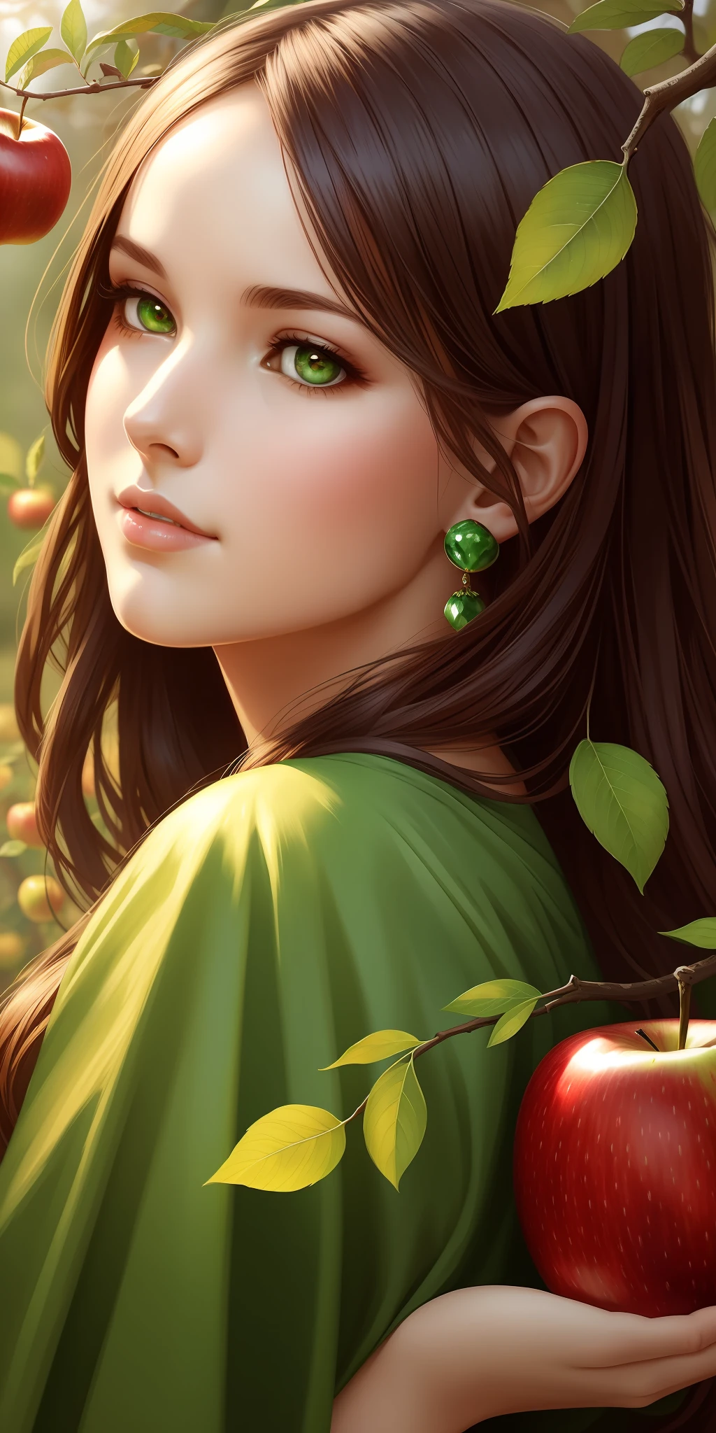 Best quality,highest resolution,8k, artistic illustration, beautiful portrait, masterpiece, most beautiful woman,most beautiful girl, greedy eyes, biting an apple,dressed in leaves, dressed in green leaves,the most beautiful girl in profile in front of an apple tree, greedy eyes,, an apple tree, biting an apple, artistic style, Ton Bagshaw, fantasy portrait, wlop style