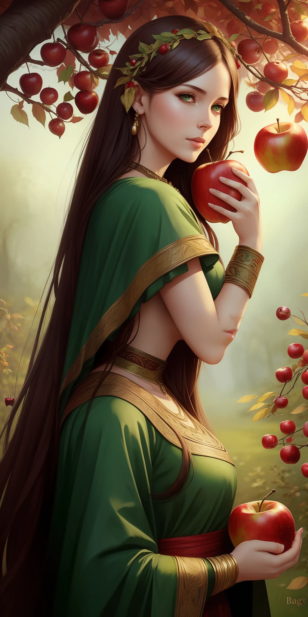 Best quality,highest resolution,8k, artistic illustration, beautiful portrait, masterpiece, most beautiful woman,most beautiful girl, greedy eyes, biting an apple,dressed in leaves, dressed in green leaves,the most beautiful girl in profile in front of an apple tree, greedy eyes,, an apple tree, biting an apple, artistic style, Ton Bagshaw, fantasy portrait, wlop style