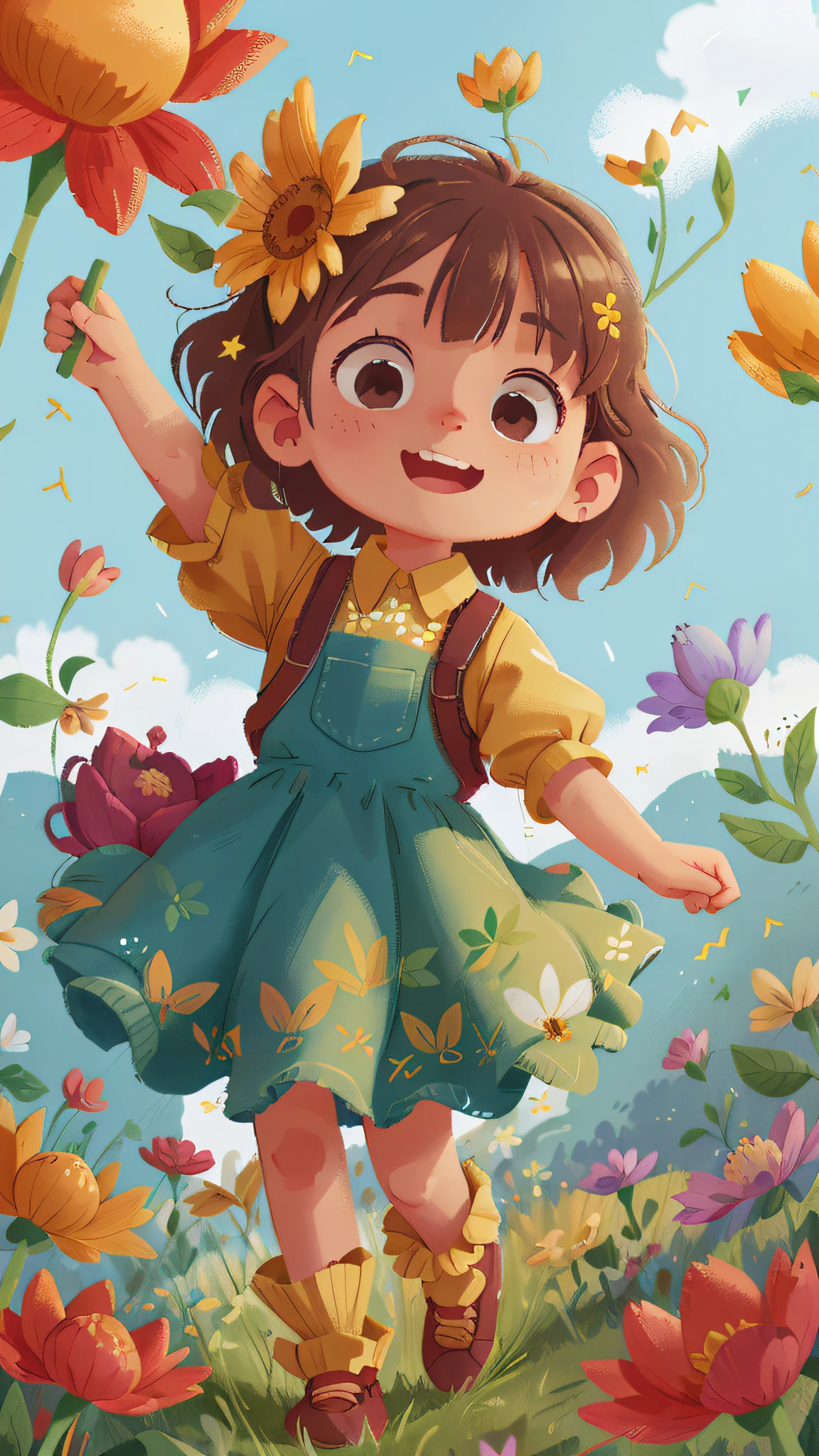 A girl holding flowers, colorful balloons floating in the sky, meadow, dancing, holding flowers, happy, happy, perfect quality, clear focus (clutter-home: 0.8), (masterpiece: 1.2) (Realistic: 1.2) (Bokeh) (Best quality) (Detailed skin: 1.3) (Intricate details) (8K) (Detail Eyes) (Sharp Focus), (Happy)