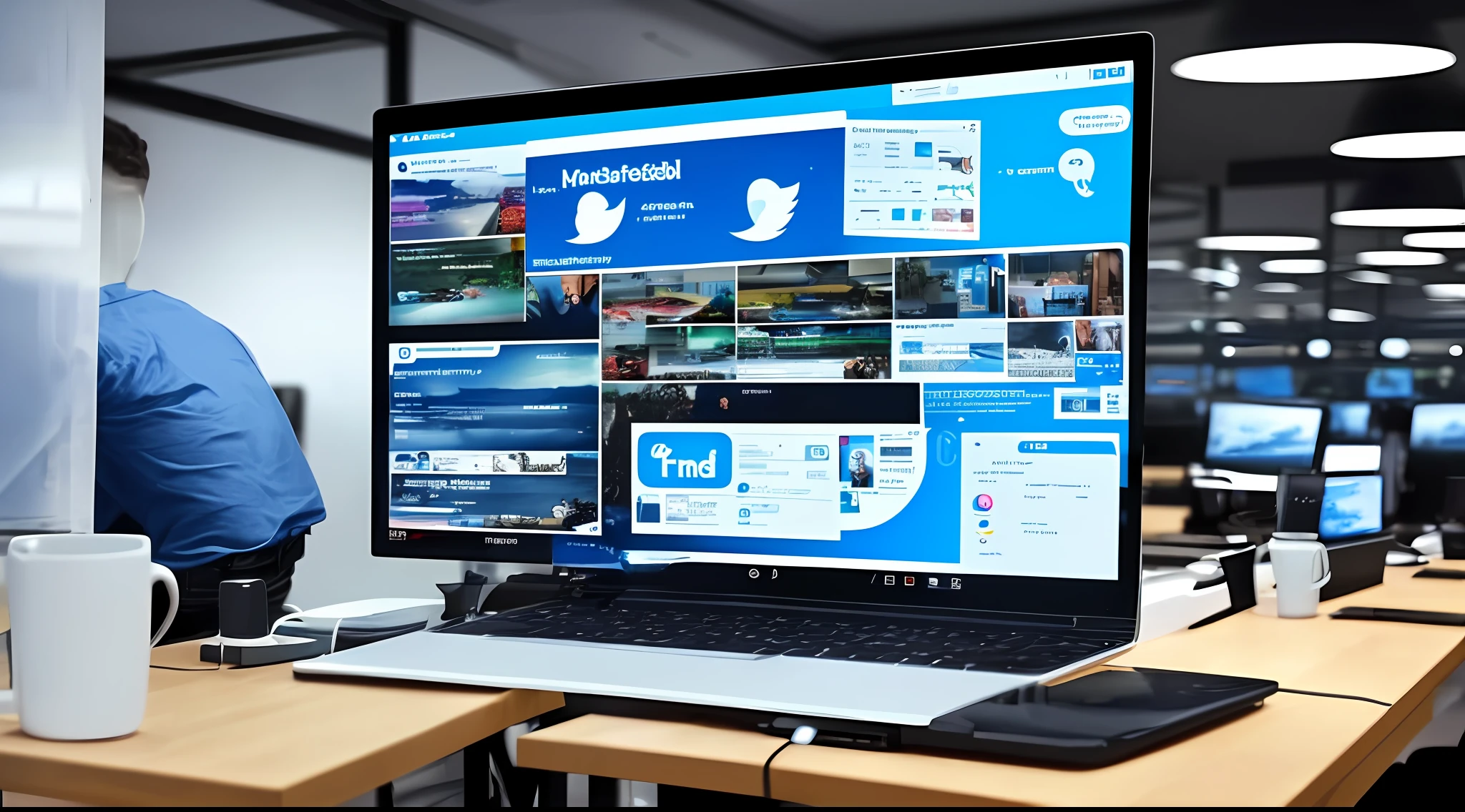 A man using a computer inside a digital marketing office with image of twitter, facebook, Instagram, whatsapp in realistic 3D.
