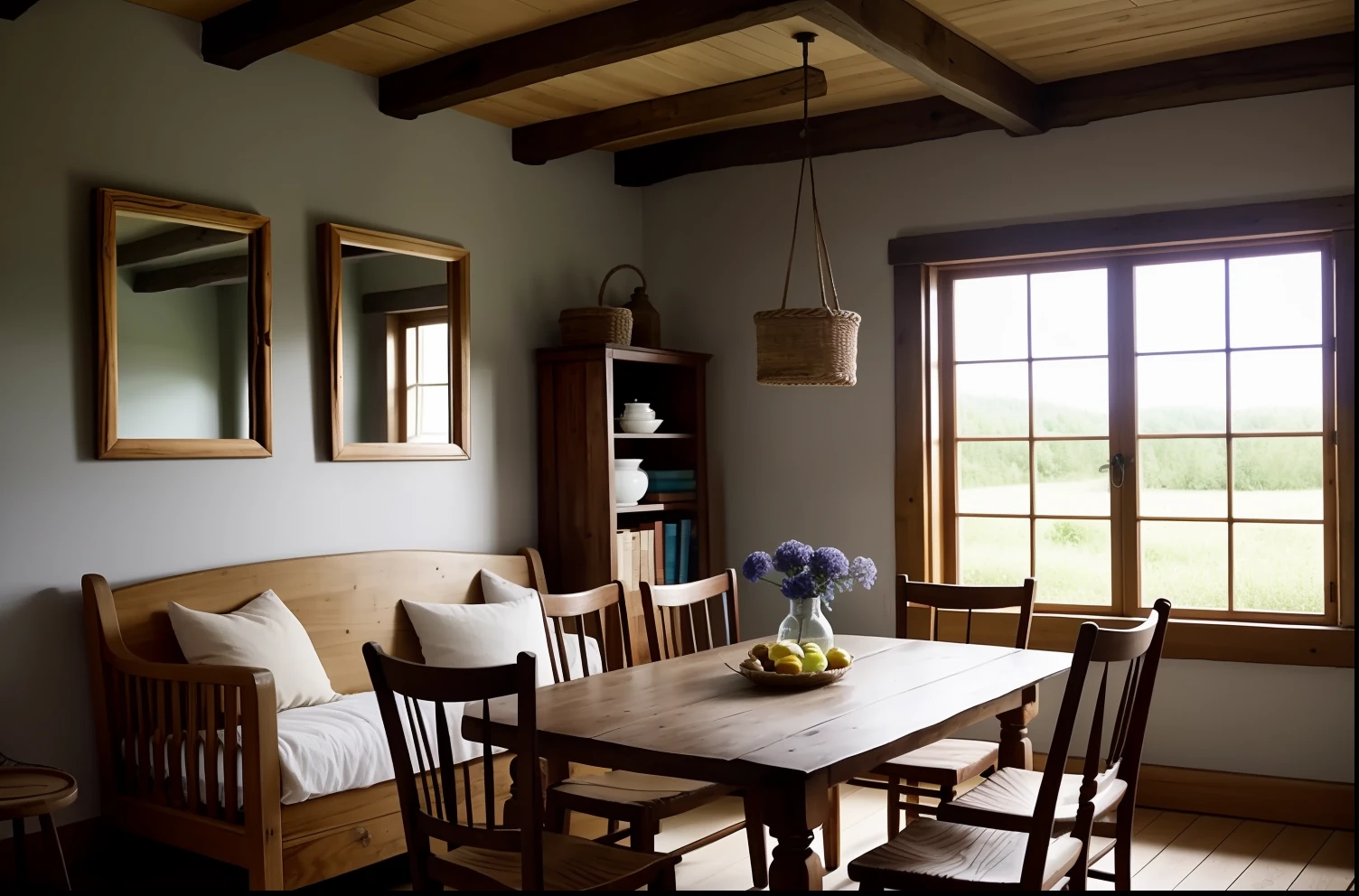 a cosy room, with a table and some olden pottery and infinity straw baskets, in the style of rustic naturalism, rough edges, moody monotones, primitive structures, vintage vibe, use of fabric, resin