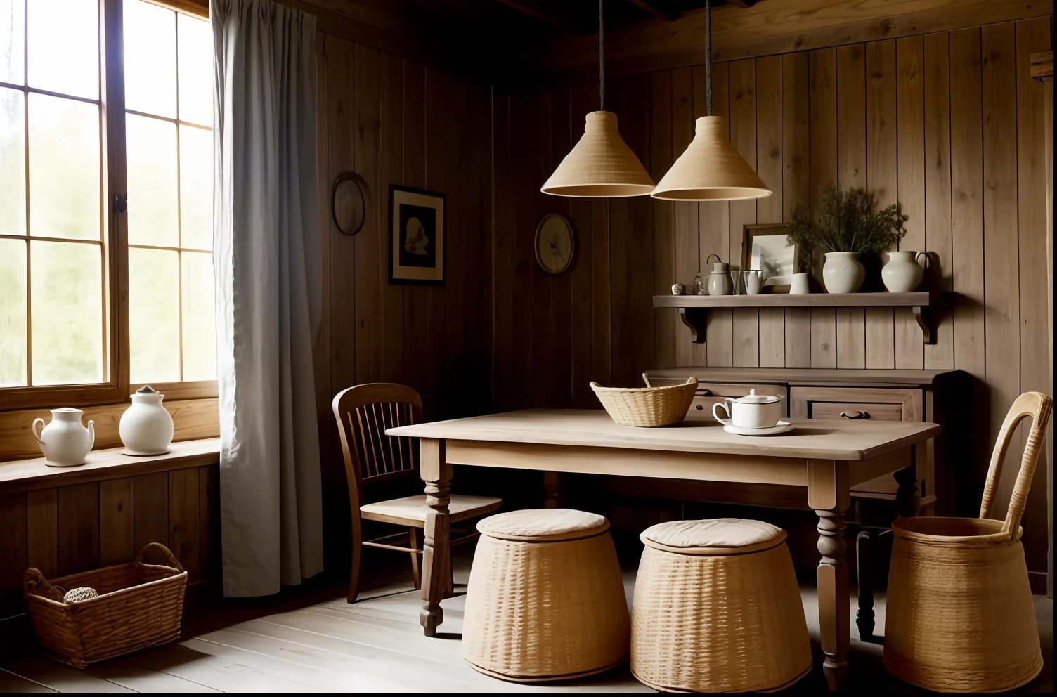a cosy room, with a table and some olden pottery and infinity straw baskets, in the style of rustic naturalism, rough edges, moody monotones, primitive structures, vintage vibe, use of fabric, resin