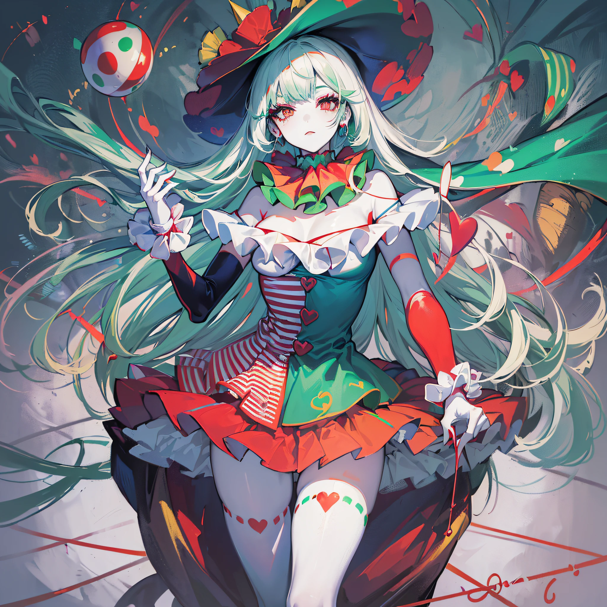 ((Masterpiece)), ((Best Quality)), ((Best Quality)), (Illustration of one girl), Emerald Green Long Hair, (((Tall)), (White Skin), Red Eyes, Blue Eyeliner, (Makeup with a heart symbol around the left eye), ((Clown's clothes, flashy clothes of different colors on the left and right)), (Clown's Hat)), (Circus, Ball Ride)