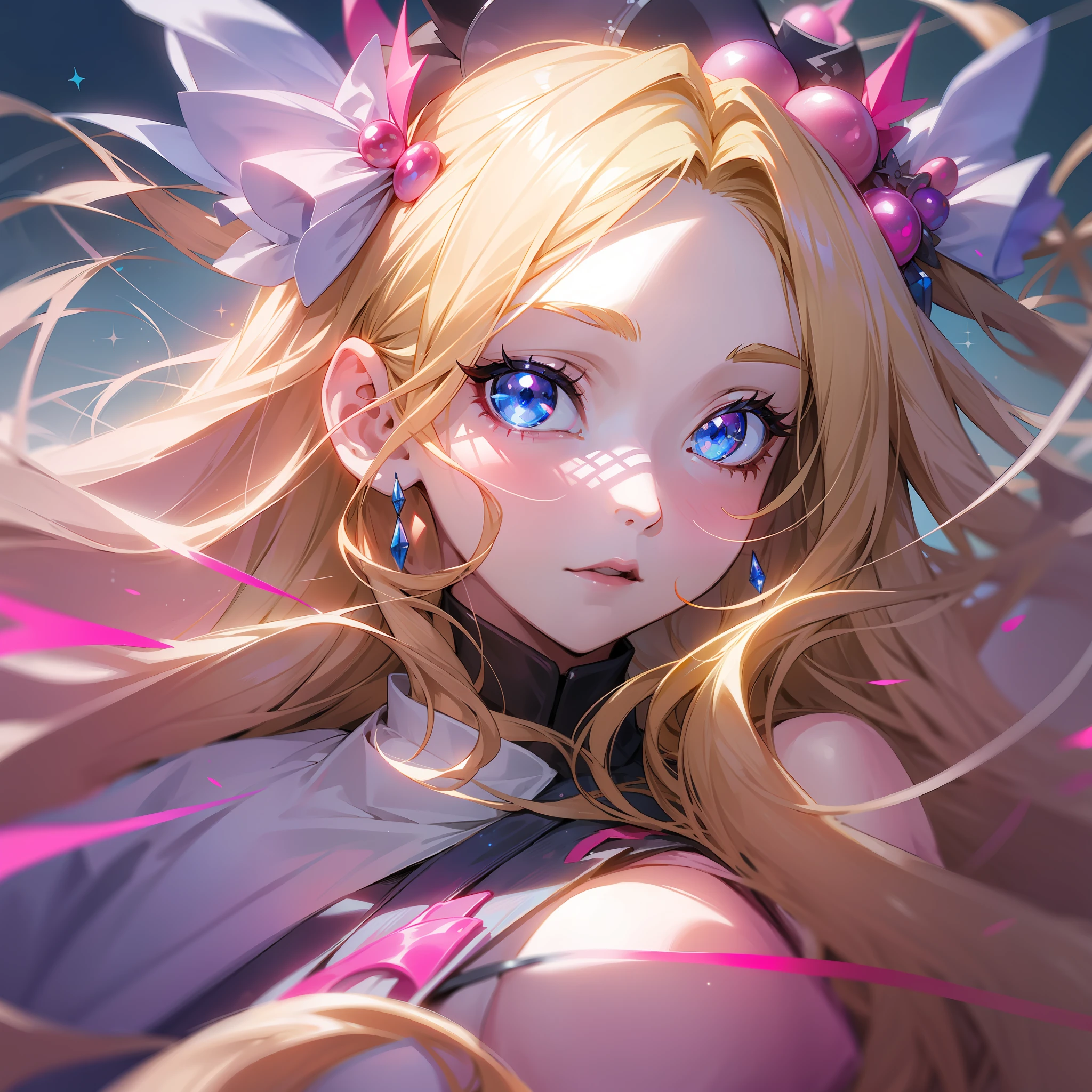 Stylish pink dress against the long flowing hair of a beautiful girl of , blonde hair: 1.1, blue eyes, beautiful fair skin, sparkling eyes)