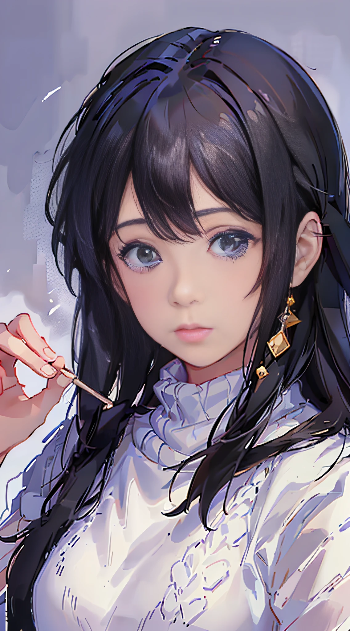 (masterpiece, realistic, ultra high res, high quality:1.2),
1girl, (young),(no make-up), black hair,
in white knit sweater ,
portrait, old photo, 80s style , dynamic pose, studio,
((akinanakamori))