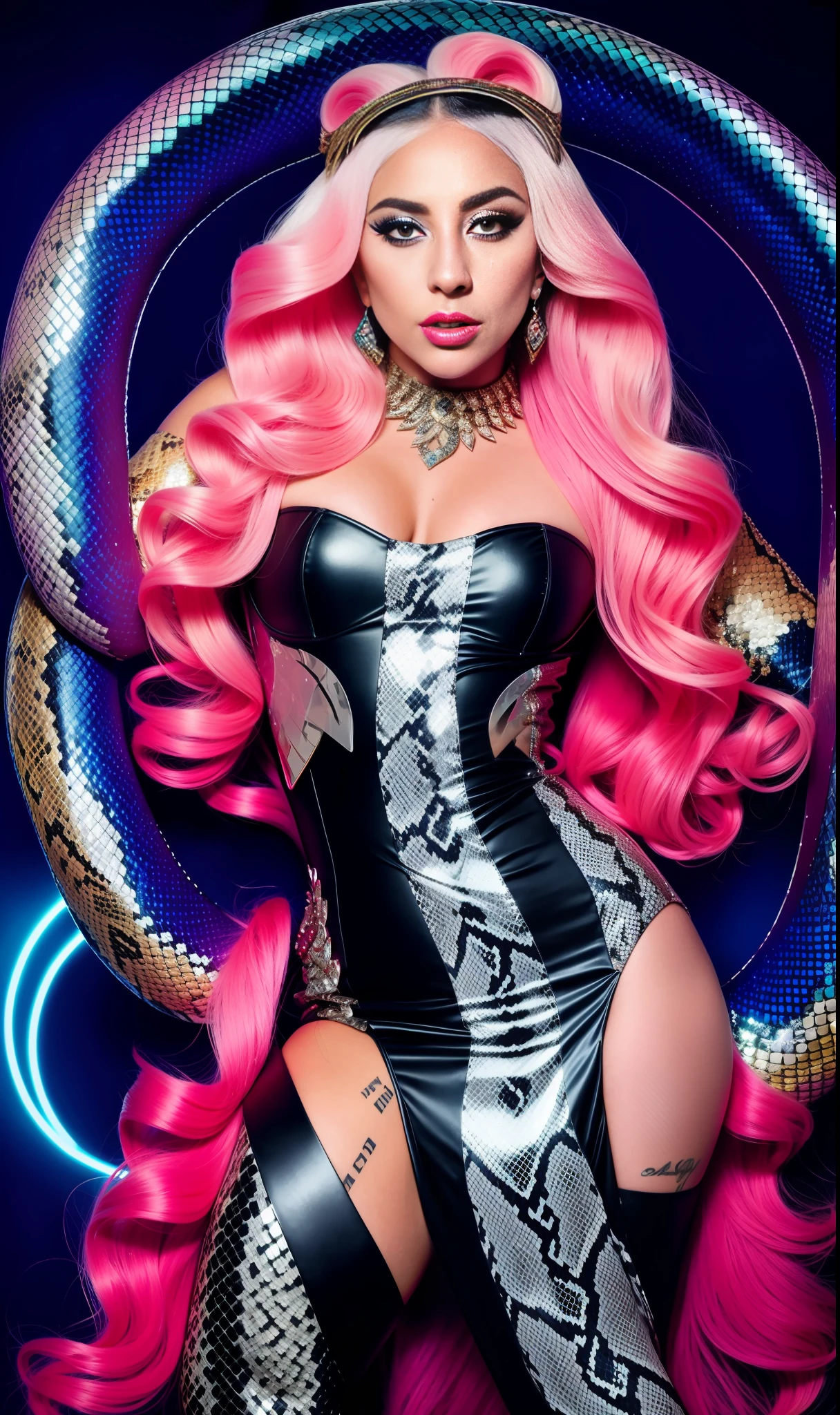 Photo of lady gaga dressed with snake print,4K texture, long hair, high quality, extravagant hairstyle, original album cover, colorful dress with diamonds, 8k image, futuristic, high image quality, at night, hair accessories, 8k image, realistic face in high quality, full body, different body poses, high quality on face, Defined traits