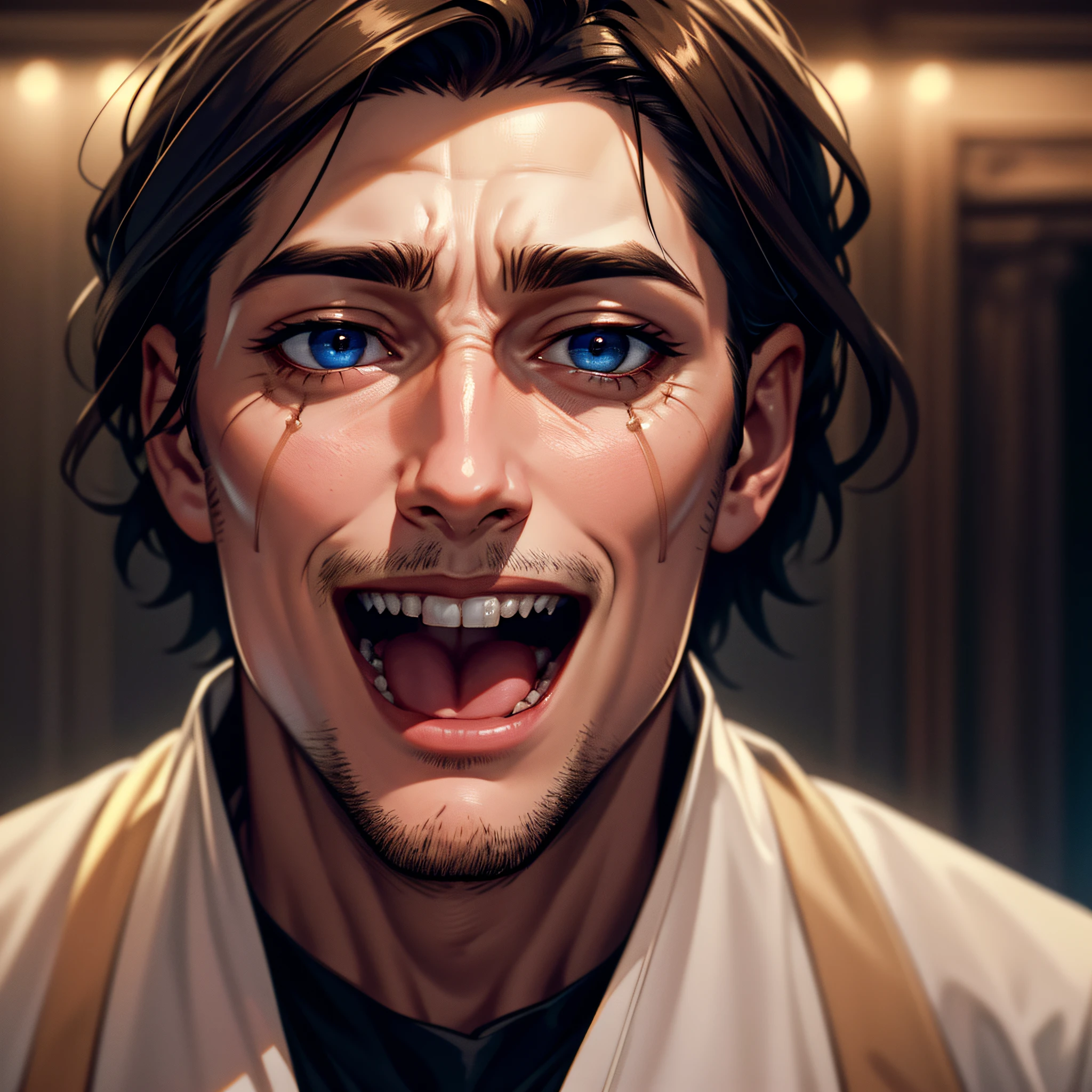Raw Photo, (masterpiece), (best quality), [(eyes high details)],[(perfect face symmetrical high details)], (skin high details), [(perfect hands high details)],american plan, happy face, serene face, 1male man screams in the ballroom, he makes a speech, announcement, epic biblical representation, 8k, UHD, night, cinematic lighting, --s2