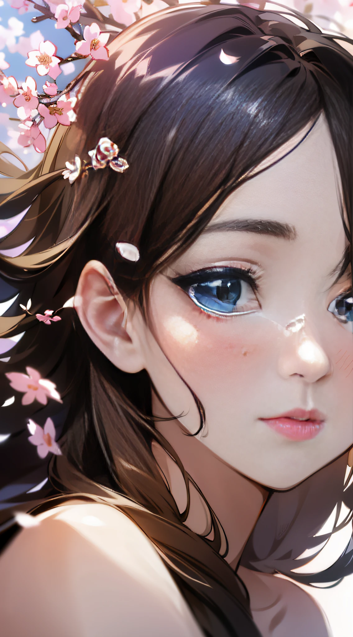 (best quality, masterpiece, ultra-realistic), 1 beautiful and delicate portrait of a girl, playful and cute, with floating petals in the background