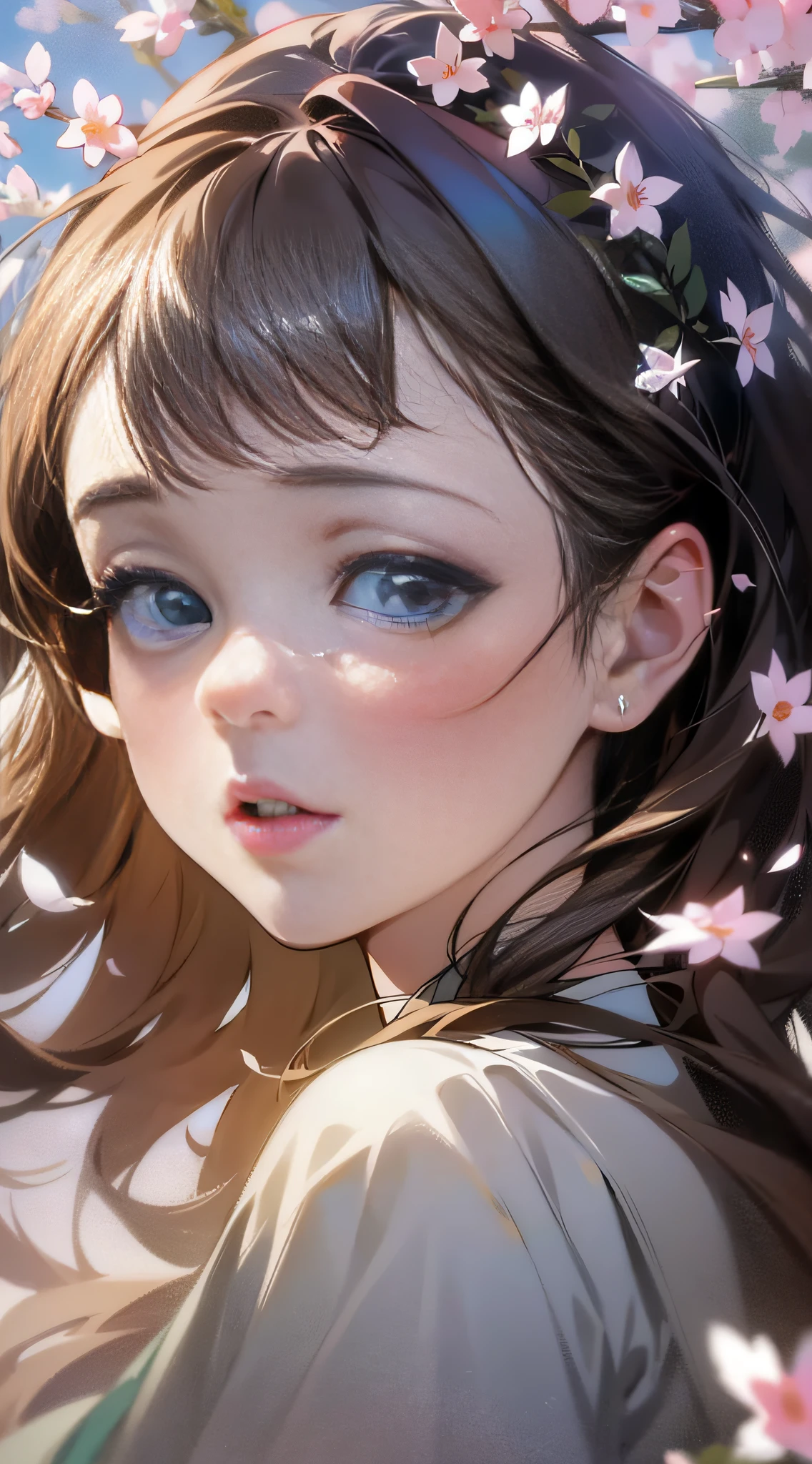 (best quality, masterpiece, ultra-realistic), 1 beautiful and delicate portrait of a girl, playful and cute, with floating petals in the background