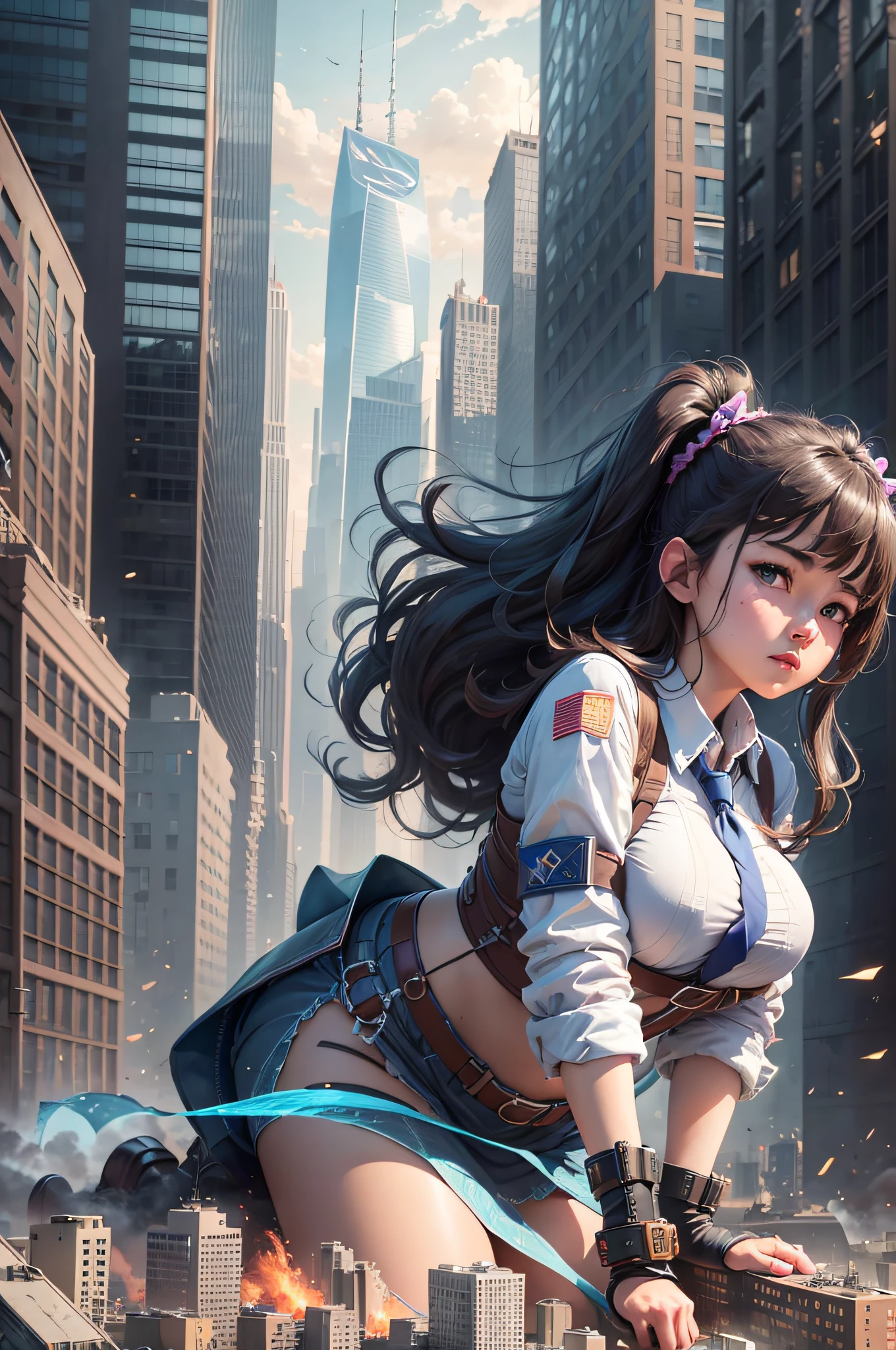 masterpiece, best quality, high quality,extremely detailed CG unity 8k wallpaper, beautiful giant schoolgirl laying, a skycraper city as scenario, skyscrapers around her, she is destroying the city and doing damage and debris due her movement, giantess concept, giantess art, macrophilia, woman bigger than skyscrapers