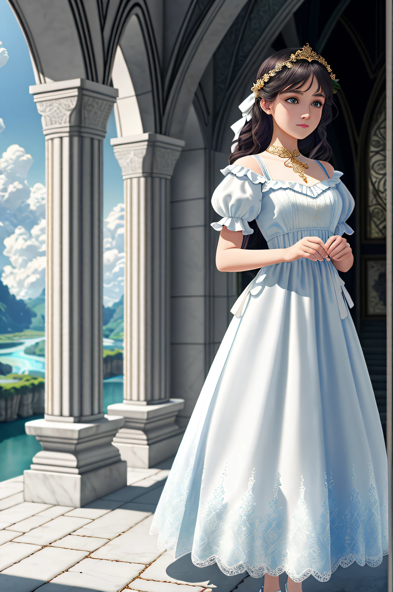 (extremely detailed CG unity 8k wallpaper,masterpiece, best quality, ultra-detailed),(best illumination, best shadow, an extremely delicate and beautiful),floating,rose garden path,southern view of the Mandeh River, White marble castle,Gothic arches, Art Nouveau style (1girl),gold rose:1.3, blue eyes, white summer dress, ribbon,twilight, wide shot,exquisite detail, watercolor