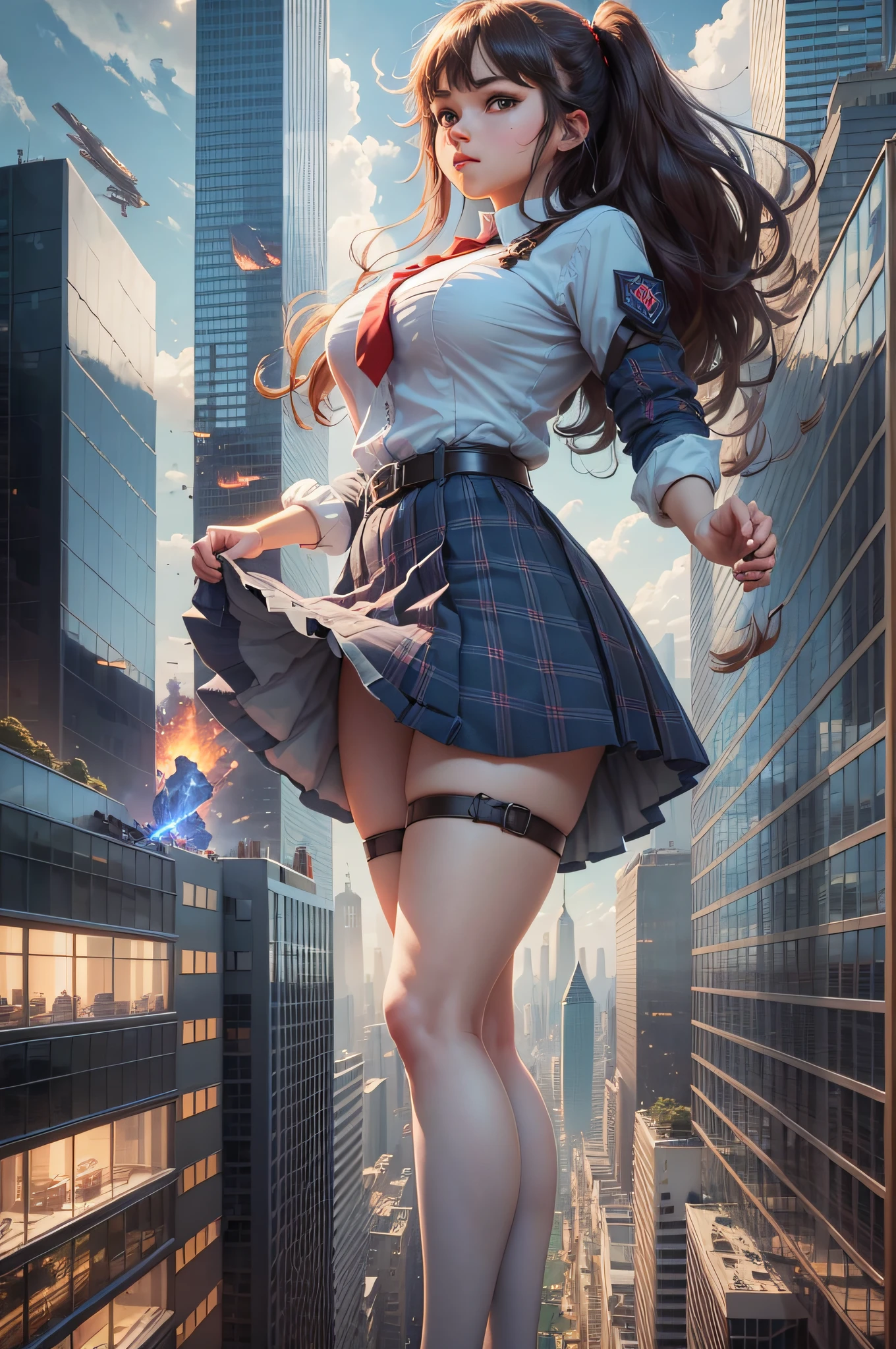 masterpiece, best quality, high quality,extremely detailed CG unity 8k wallpaper, beautiful giant schoolgirl laying, a skycraper city as scenario, skyscrapers around her, she is destroying the city and doing damage and debris due her movement, giantess concept, giantess art, macrophilia, woman bigger than skyscrapers --auto --s2