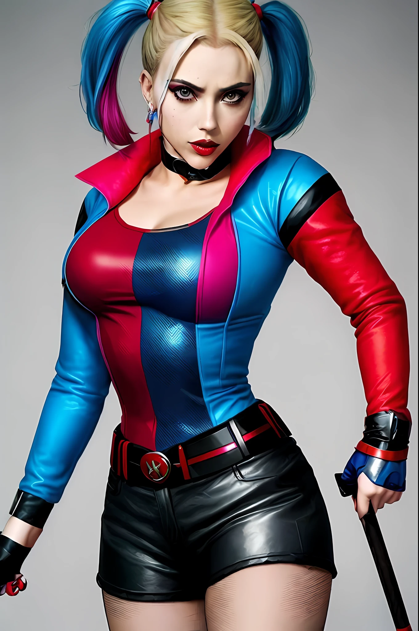 araffiction of a woman dressed as harley and holding a bat, kim kardashian as harley quinn, lady gaga is harley quinn, lady gaga as harley quinn, harley quinn, elizabeth olsen as harley quinn, cosplay on black harley queen, of harley quinn, amouranth as a super villain, gal gadot as harley quinn, harley quinn standing