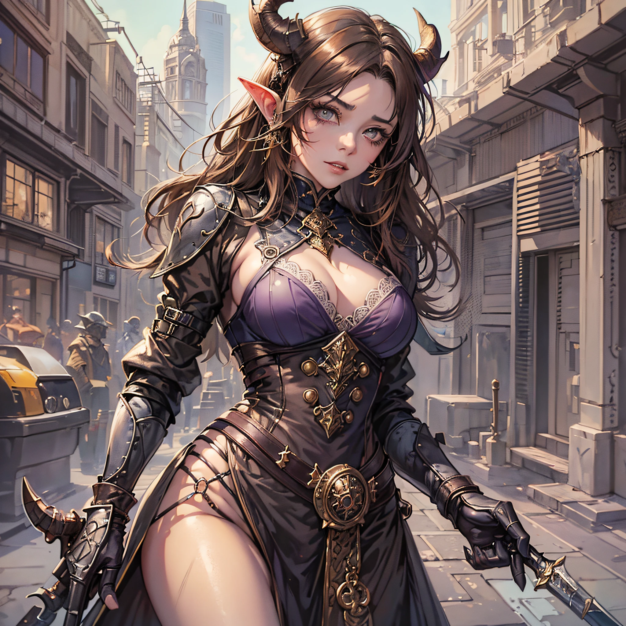 (best quality, masterpiece), 1girl, pose, upper body, simple background, looking at the viewer, perfect eyes, boldness, potato alloys, hand-drawn sketch illustration of a beautiful girl d&d tiefling with brown hair, waist-length hair, pupilless eyes, yellow sclera, rosy cheeks, lips with wine-colored lipstick, long eyelashes, Long horns, rogue clothes, purplish skin, scales on the skin, seductive expression, illustration, sketch of watercolor paint, whole body, in a village, dagger in hand. --auto --s2