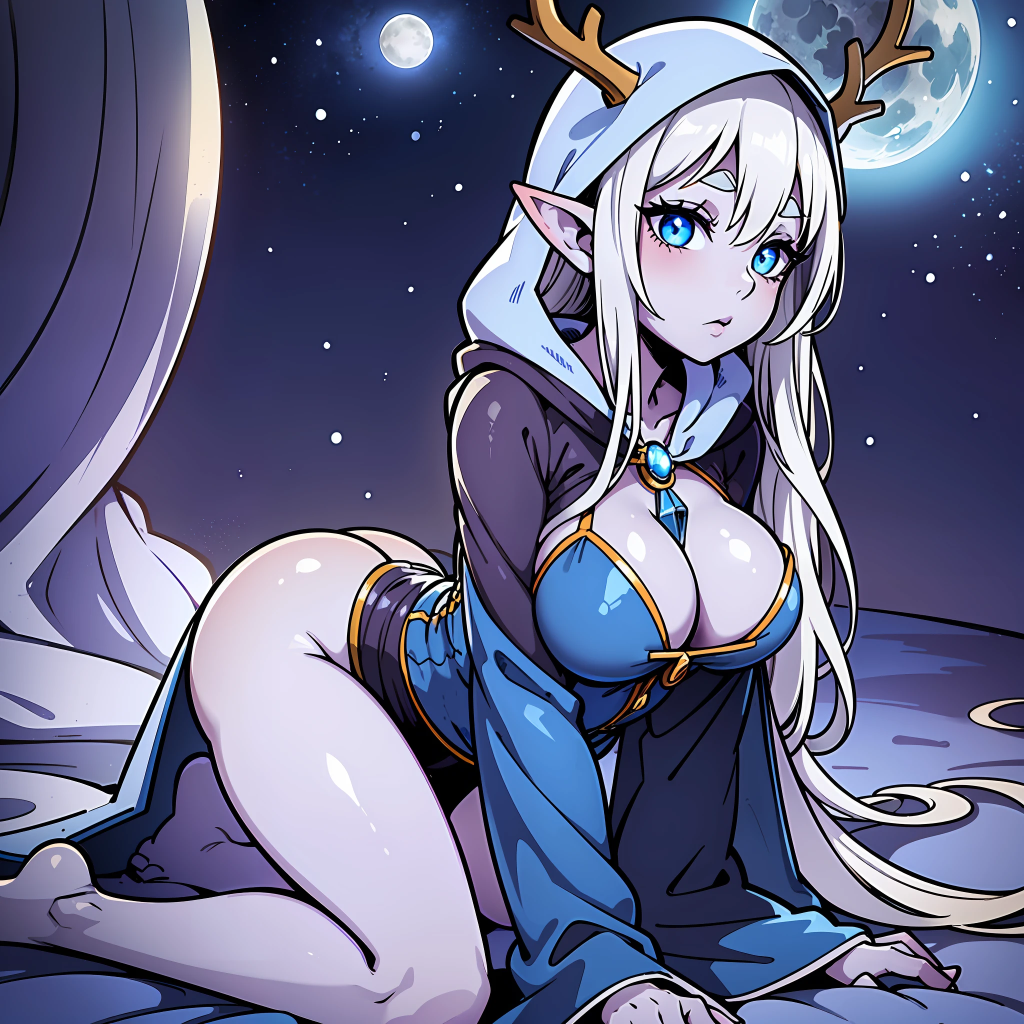 Elf ears, pointed ears, ((robe)), ((hood up)), ((hood with antlers)), Mysterious, Enigmatic, Otherworldly, Solitary, Sage, Lunar being, Moonlight, Silver-white hair, Shimmering blue and silver ribbons, Moonlit night, ((Reflective eyes)), Deep wisdom, Melancholy, Graceful, Pale luminescence, Moonlight glow, Silver-white hair, Shimmering blue and silver ribbons, Reflective eyes, Silvery-blue glow, Moonlit night, Flowing gown, Phases of the moon, Dark blue, Deep purple, Silver and gold celestial patterns, Stars, Moons, Constellations, High collar, Hood, Silver amulet, Delicate chain, lantern, Moon, Gentle source of light, Silver rings, Moonstones, ((1girl)), ((simple background)), ((colored background)), wide hips, full body, ((pin up)), ((big butt)), ((big eyes)), ((colored skin)), (hooded robes)), ((robes)), ((pasties)), ((paizuri)), ((laying down)), ((backshot))