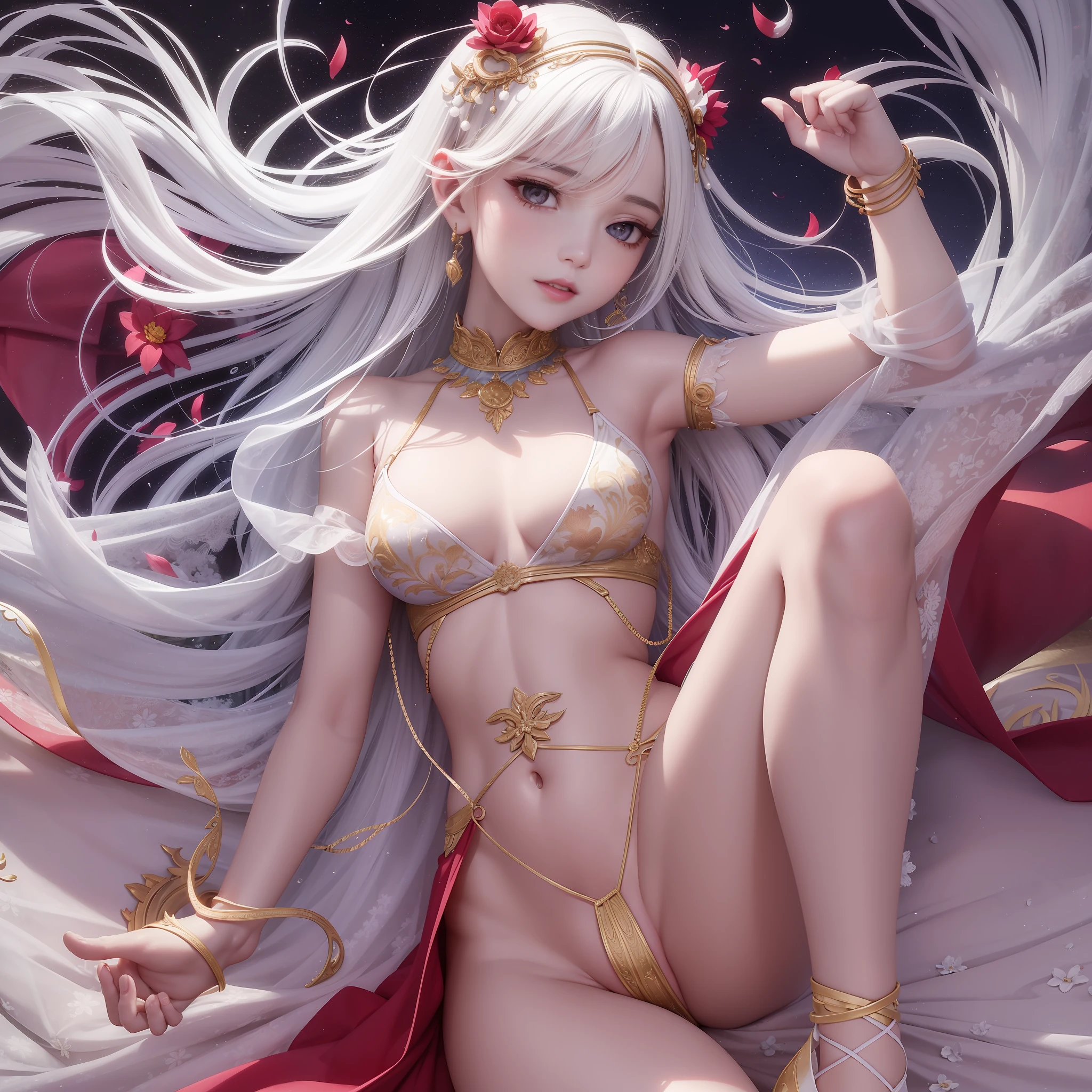 Best quality: 1.4, SLR camera lens, close-up lens, perfect, perfect lighting, dynamic light, dynamic angle, realistic, solo, a fiery red shirt tightly tied to the body, the graceful body outlined delicately, beautiful appearance, graceful posture, two jade lotus-like arms exposed, smooth like mutton fat wrists with two silver bracelets, snow-white skin, slender legs, willow waist and buttocks, she is wearing a pair of jade shoes, ten delicate and small toes are mischievously exposed.
The moon-like phoenix eyebrows, a pair of bright eyes hook the soul, watery seems to contain ten thousand styles, a beautiful Qiong nose, exhaling cherry lips, white cheeks like coagulation are very beautiful.
The figure is delicate, like a willow, and the breeze blows, as if it can break her.
There is a tear mole the size of a grain of rice under the corner of the eye, which adds a bit of charm.
She was standing in mid-air, with a faint red halo on her cheeks, which aroused people's reverie. Masterpiece, perfect, 3D rendering --auto --s2