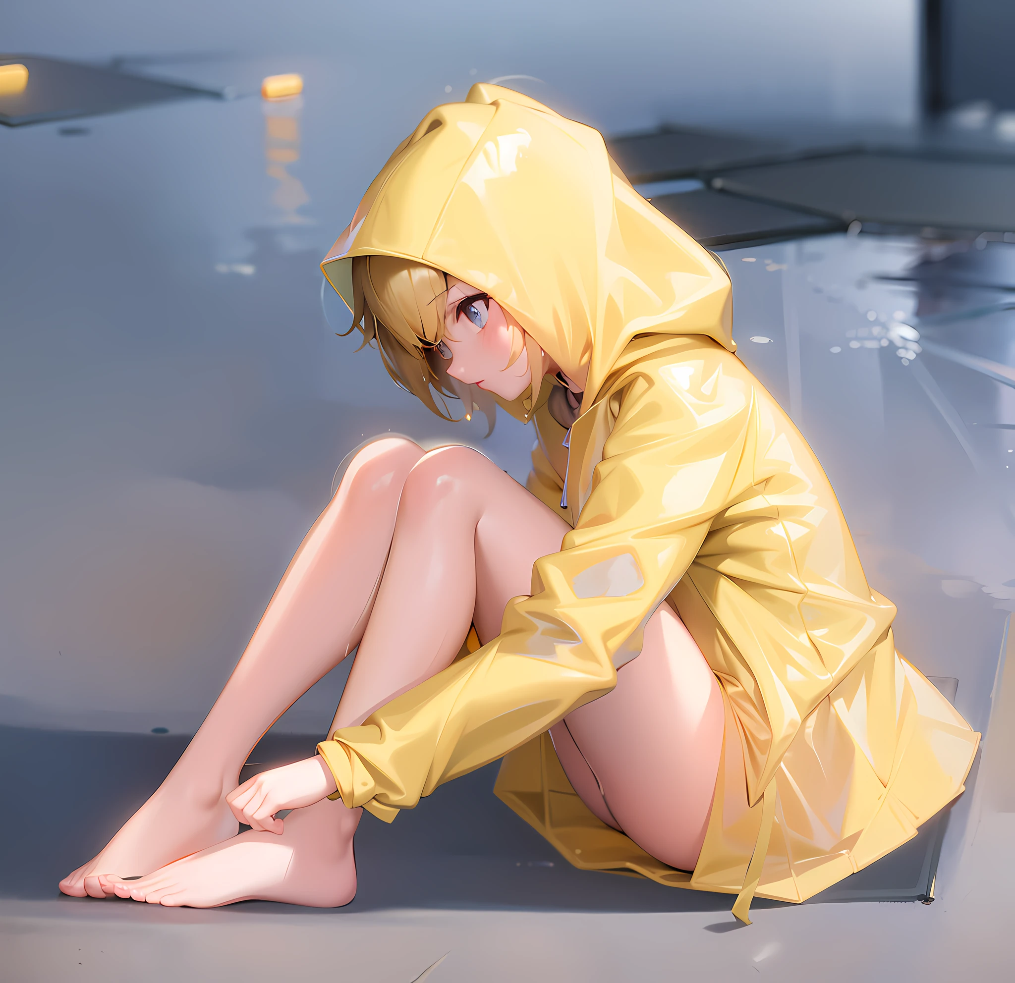 anime girl in yellow raincoat sitting on the ground in the rain, girl in raincoat, beautiful anime girl squatting, painted in anime painter studio, the anime girl is crouching, made with anime painter studio, smooth anime cg art, rainy wet, artwork in the style of guweiz, she is wearing a wet coat, kagamine rin, yellow raincoat
