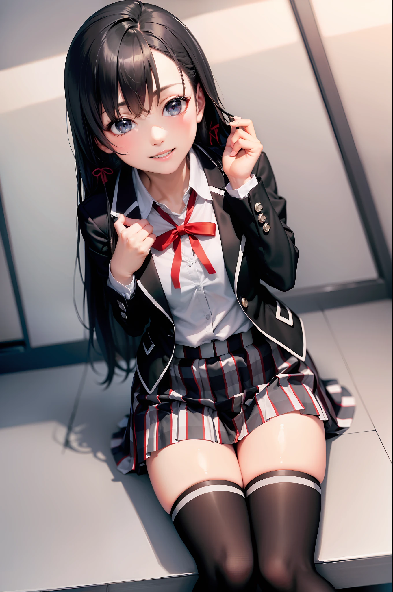 (masterpiece, best quality:1.2), solo, 1girl, yukinoshita yukino, smile, looking at viewer, sitting, school uniform, black jacket, plaid skirt, thighhighs, classroom