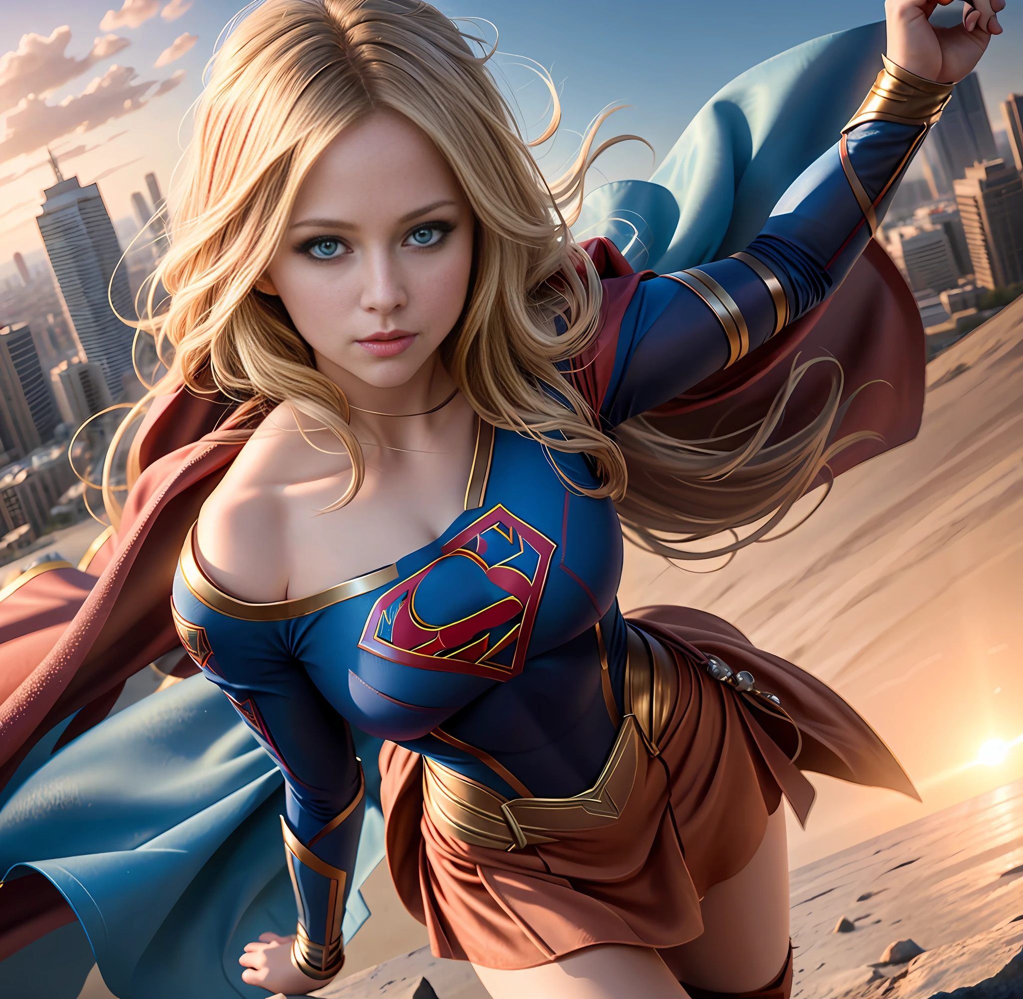 long-range photo of Avril Lavigne as Supergirl, (Flying), movie still, tight clothing skin, nude, big boos, camel's finger, mini skirt, floor-length cable blowing in the wind, (flying high above Matropolis), very high quality RAW photography, detailed background, intricate, exquisite details and textures, highly detailed, ultra detailed photography, warm lighting, artstation,  4k, sharp focus, high resolution, detailed skin, detailed blue eyes, 8k uhd, dslr, high quality, grain film, Fujifilm XT3,, supergirl