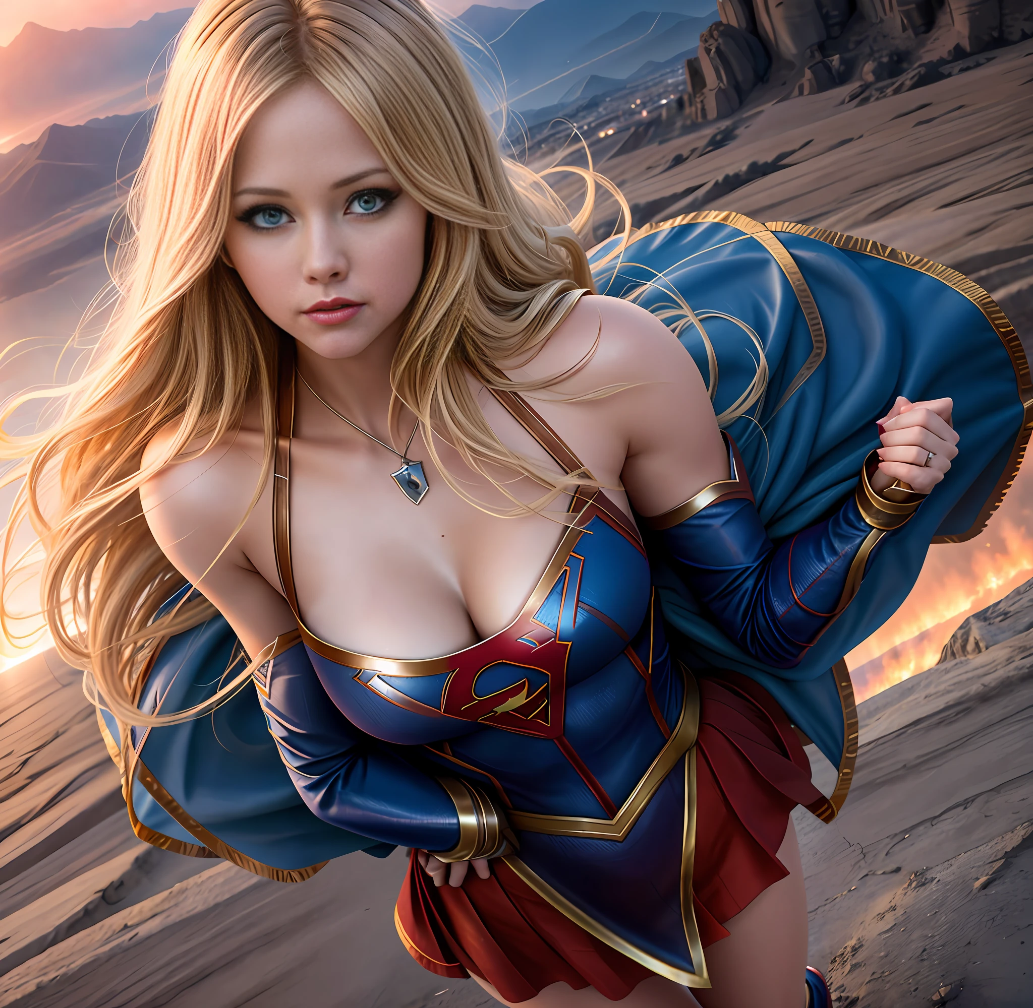 long-range photo of Avril Lavigne as Supergirl, (Flying), movie still, tight clothing skin, nude, big boos, camel's finger, mini skirt, floor-length cable blowing in the wind, (flying high above Matropolis), very high quality RAW photography, detailed background, intricate, exquisite details and textures, highly detailed, ultra detailed photography, warm lighting, artstation,  4k, sharp focus, high resolution, detailed skin, detailed blue eyes, 8k uhd, dslr, high quality, grain film, Fujifilm XT3,, supergirl
