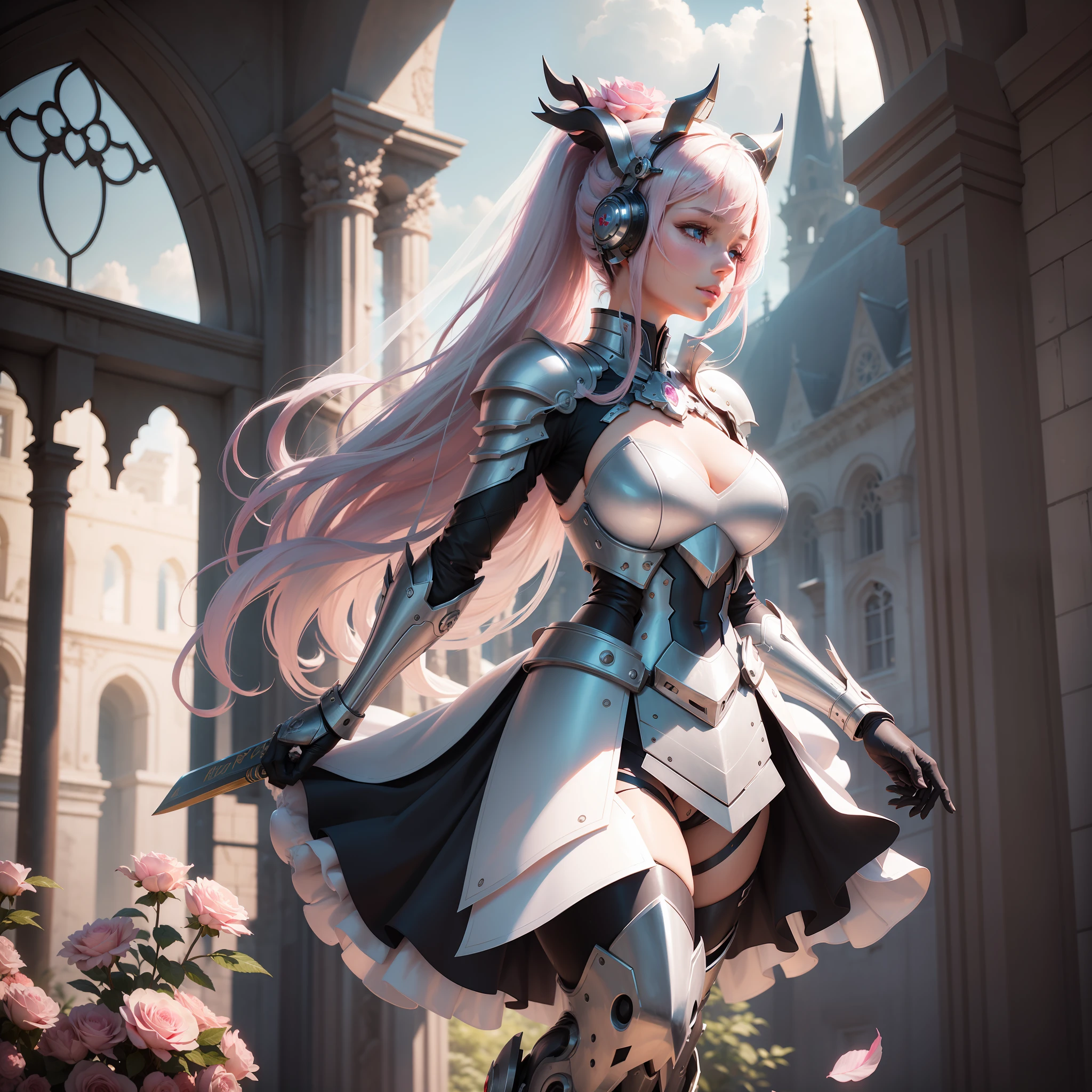 1girl, breasts, solo, long hair, mecha musume, large breasts, petals, armor, flower, white hair, helmet, pink flower, sky, veil, covered eyes, very long hair, blue eyes, closed mouth, day, standing, robot, outdoors, cowboy shot, headgear, dress, from side, wings, bridal veil, mecha, cloud, blue sky, blurry, pink rose, science fiction, white theme, android, white dress, closed eyes, bangs, shoulder armor, wedding dress, white armor, blonde hair, weapon, sunlight, looking down, bouquet, looking at viewer, bodysuit, profile, falling petals, blurry background, rose, holding, mechanical wings, visor (armor), robot joints, medium breasts, hair flower, armored dress, building, parted lips, expressionless, hair ornament, sidelocks, artist name, smile, cleavage, lips, white flower, leaf, white bodysuit, floating hair, gauntlets, depth of field, headpiece, mask, bride, valkyrie, plant, cherry blossoms, gloves, faulds, no humans, sword, blush, signature, cloudy sky, glowing, joints, pauldrons, mechanical parts, horns, backlighting, full armor, breastplate, holding bouquet, twitter username, window, upper body, from below, looking ahead, lens flare, pink hair, ponytail, holding weapon, mechanical legs, hair between eyes, power armor, wind, machinery, skirt, mechanical arms, robot ears, light rays, church, looking to the side, bird, personification, jewelry, feet out of frame, white gloves, looking away, eyelashes, head wings, white background, alternate costume, vines, castle, grey hair, see-through, elbow gloves, open mouth, pink lips, pillar, facing viewer, light particles, mechanical horns, rose petals, ruins, arch, feathers, v-fin, city, floating, simple background, knight, tower, yellow eyes, thighs, huge breasts, braid, covered, blurry foreground, glint, flying, frills, character name, arms at sides, cyborg, hair over eyes, red flower, wedding, makeup, white wings, dutch angle, red eyes, clothing cutout, armored boots, skin tight, shiny, impossible clothes, copyri --auto