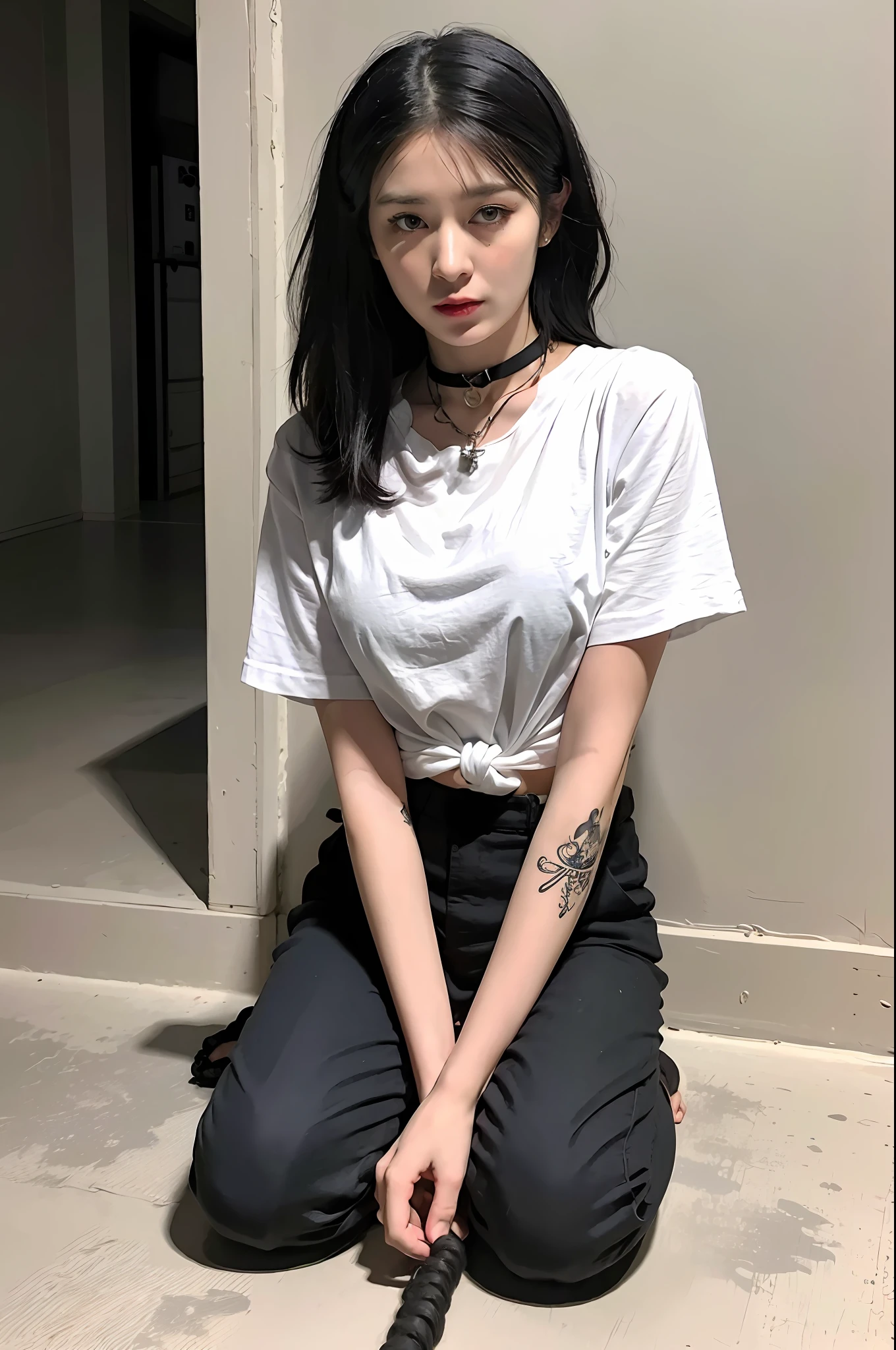 (8k:1.27), best quality, masterpiece, ultra highres:1.2), two lesbian delinquent girl with medium length hair and arm tattoos tongue-kissing each other, tattooed girls, full body picture, dirty old white oversized knotted prisoner t-shirt, dirty big t-shirt with prisoner number written in t-shirt, short big sleeves, orange prisoner pants tied with a rope, wearing dirty old goth clothes, shoulder length black bob hairstyle, black hair pulled back snooki style, kneeling in a prison cell next to a noose, handcuffed, hands tied with rope behind body, submissive neck choker and checkered keffiyeh scarf in neck, 4k or 8k picture, looking at the floor down very sad, very sad face, paisley bandana pirate style headscarf, smelly, barefoot, rope noose hanging from ceiling, tattooed body, noose rope hanging