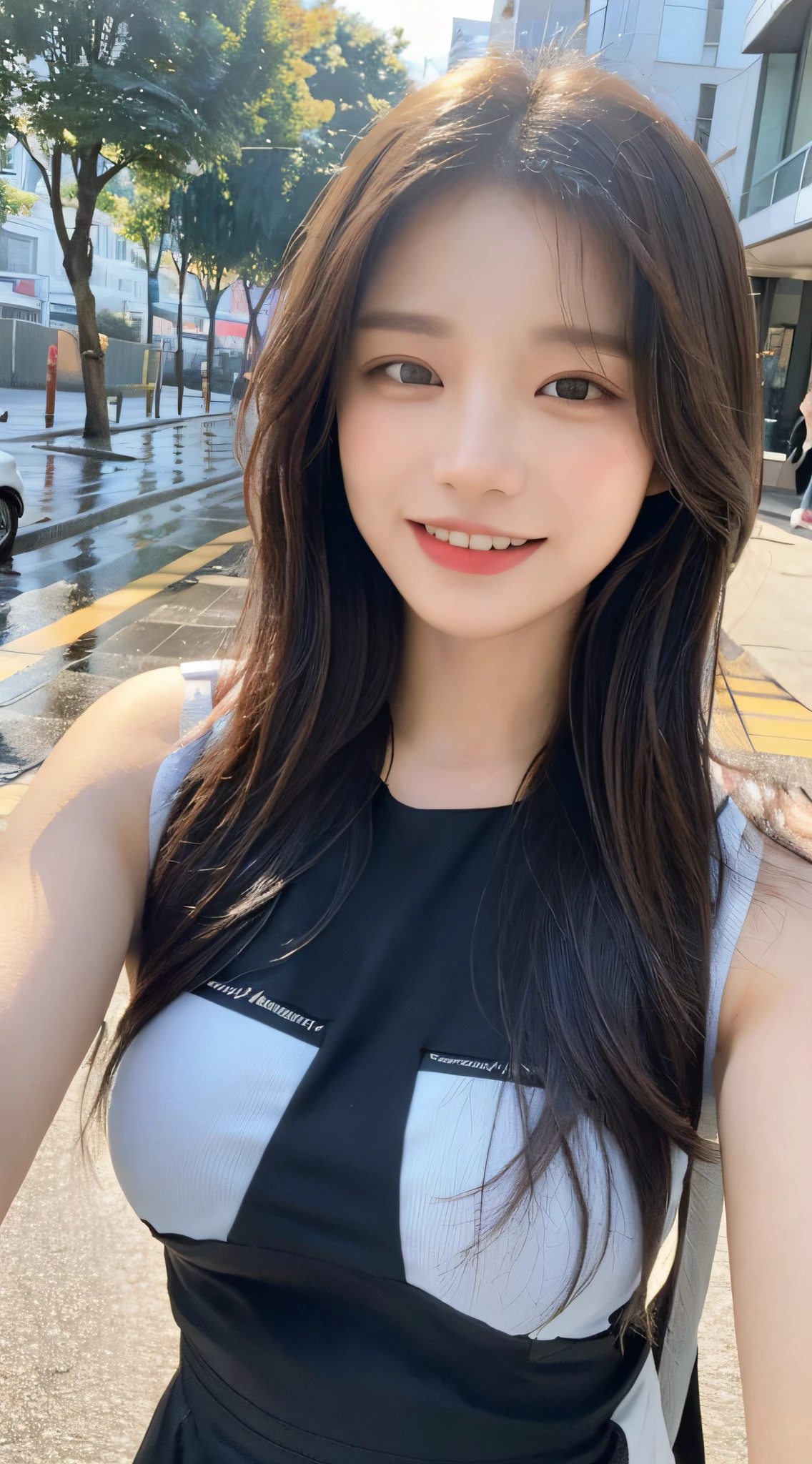 ((Best Quality, 8K, Masterpiece:1.3)), Focus: 1.2, Perfect Body Beauty: 1.4, Buttocks: 1.2, ((Layered Haircut, Breasts: 1.2)), (Wet Clothes: 1.1), (Rain, Street:1.3), Bandeau Dress: 1.1, Highly Detailed Face and Skin Texture, Fine Eyes, Double Eyelids, Whitening Skin, Long Hair, (Shut Up: 1.3), Smile