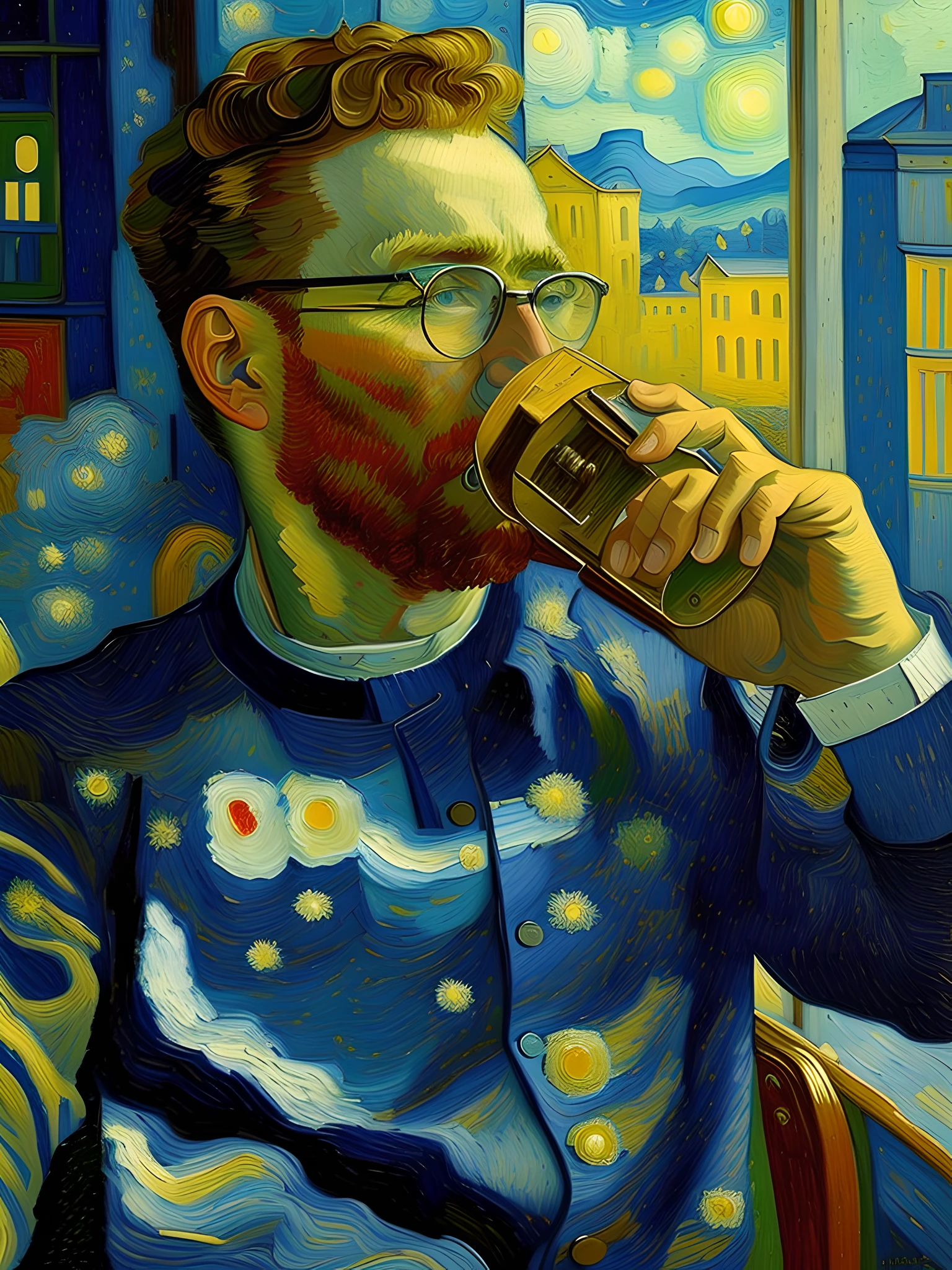 ( Gorgeous Van Gogh style, masterpiece level, highest picture quality, super detail, oil painting full of art ) Man, wearing glasses, sitting alone, staring out the window, deep in the future.