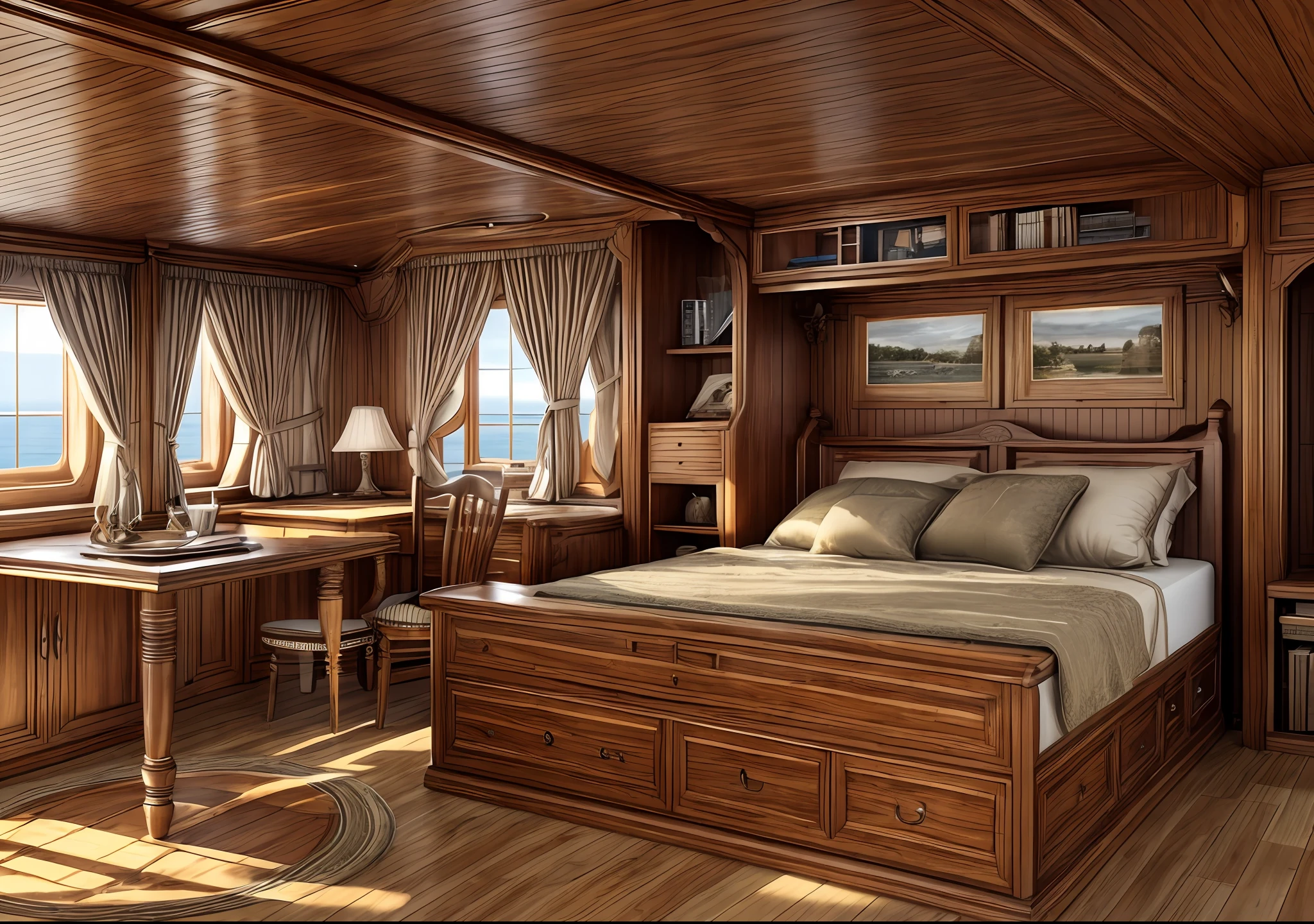 A captain's cabin on a wooden ship from the year 1800, complete with a desk table, bed, chairs, windows and all the details meticulously modeled. --auto --s2