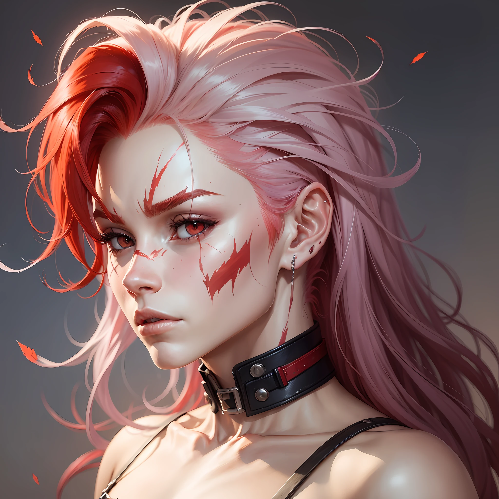 Make a profile picture for me of a character with red hair with white locks] with scar on his mouth pretty cool --auto --s2